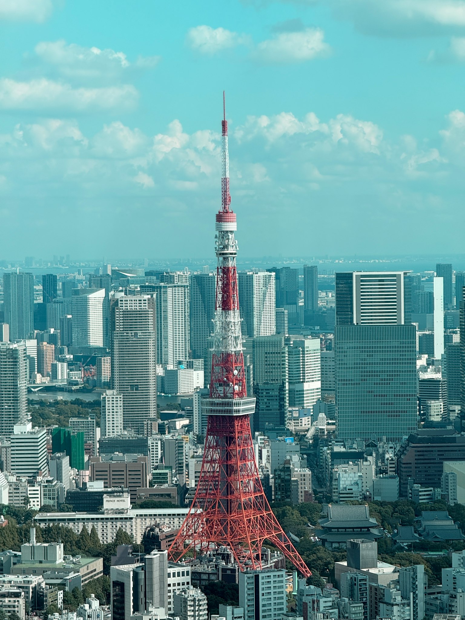 Primo piano della Torre di Tokyo con skyline urbano e cielo blu