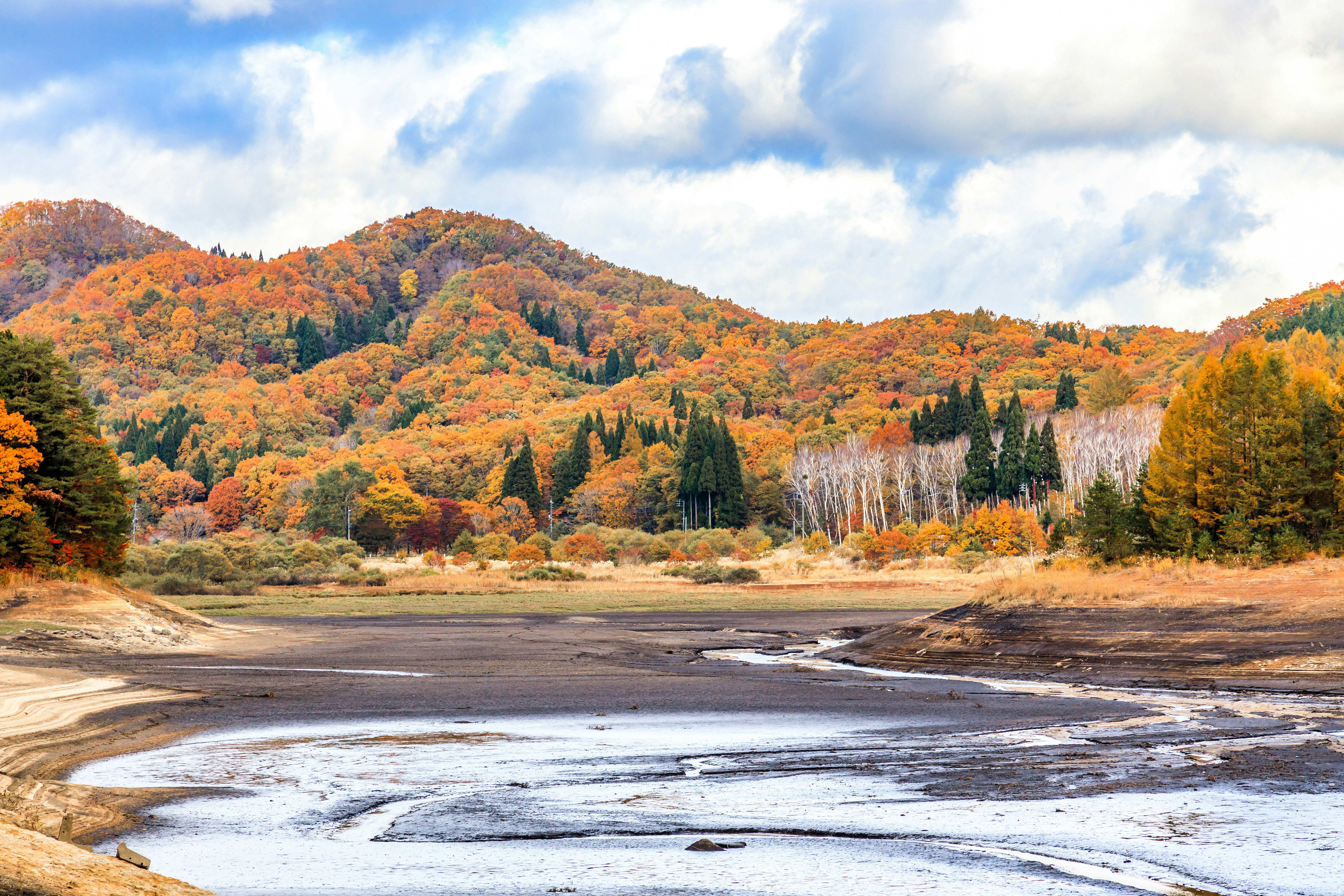 紅葉の高原と青空の広がる渓谷の風景