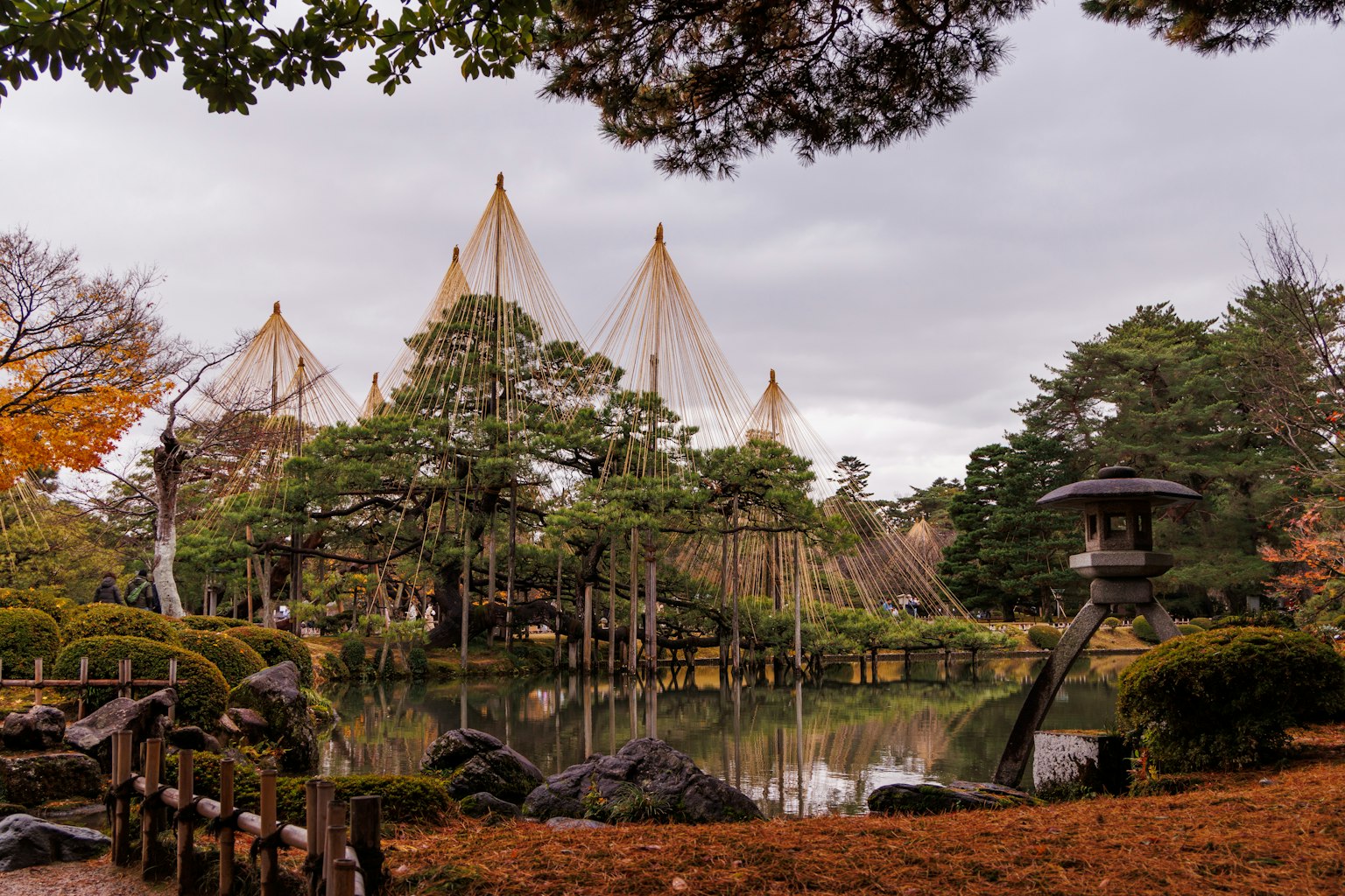 宁静的秋季花园景观，带有池塘和传统建筑