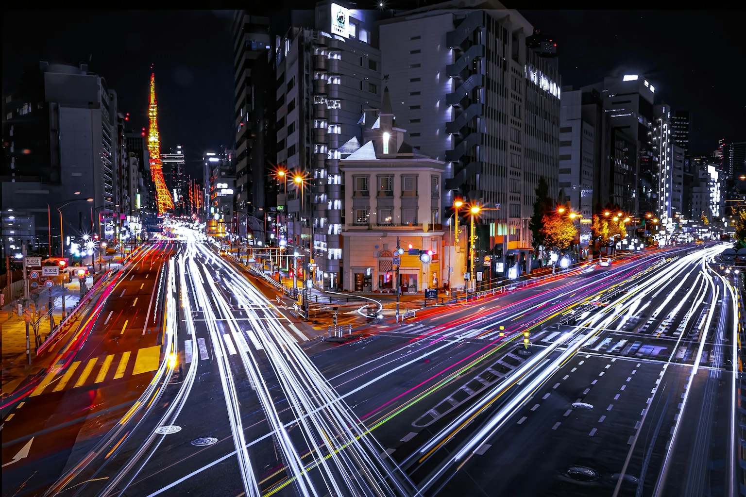 东京夜景与交叉口的光轨