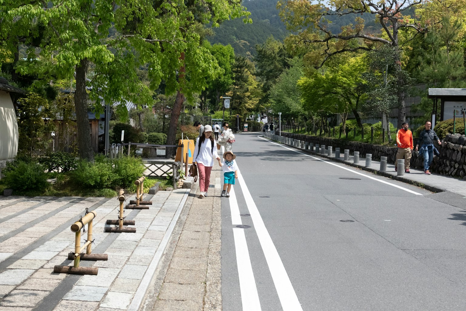 Des gens marchant le long d'une rue animée avec des arbres verts luxuriants