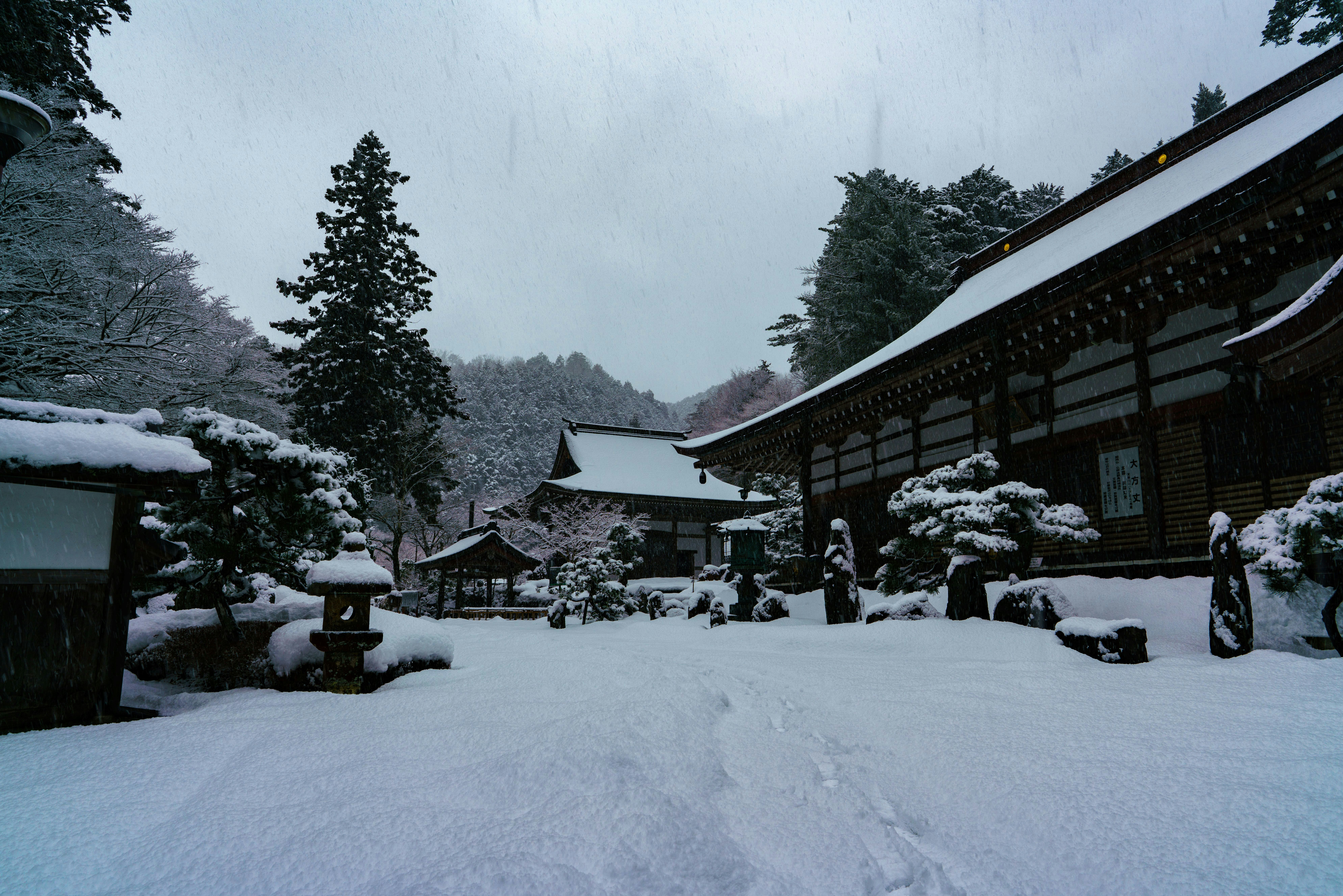 雪の降る寺院の中庭と石灯籠のある参道