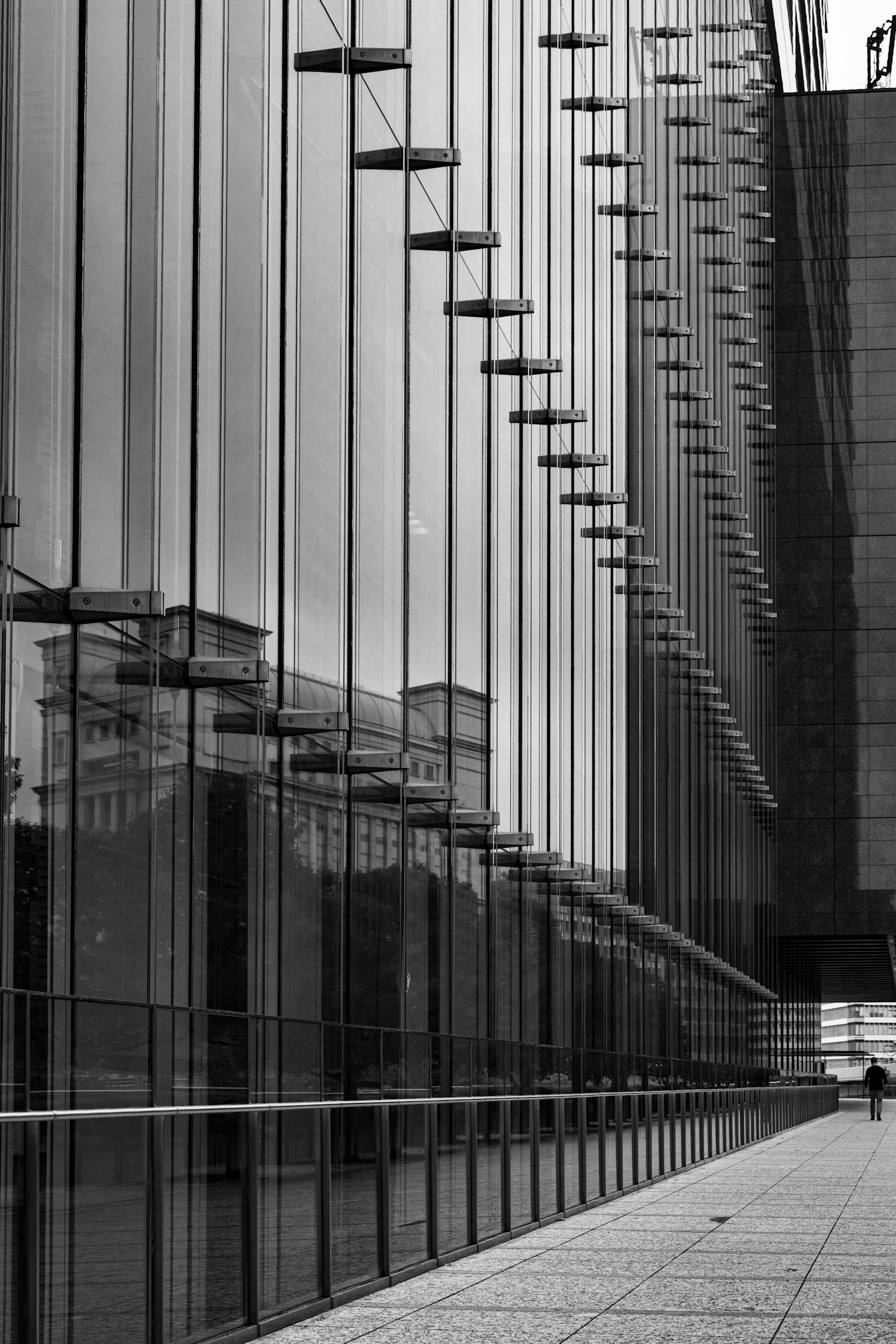 現代的なガラスの建物の外観が映るモノクロ写真