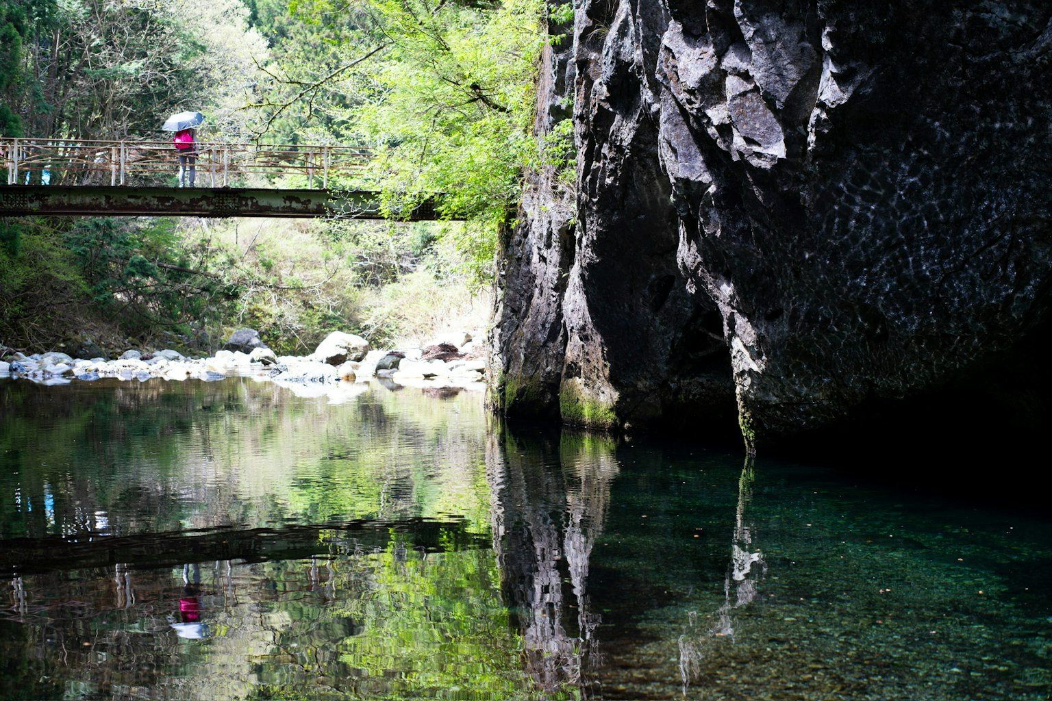 宁静的河流场景，绿色树木和桥，大岩石和水面反射