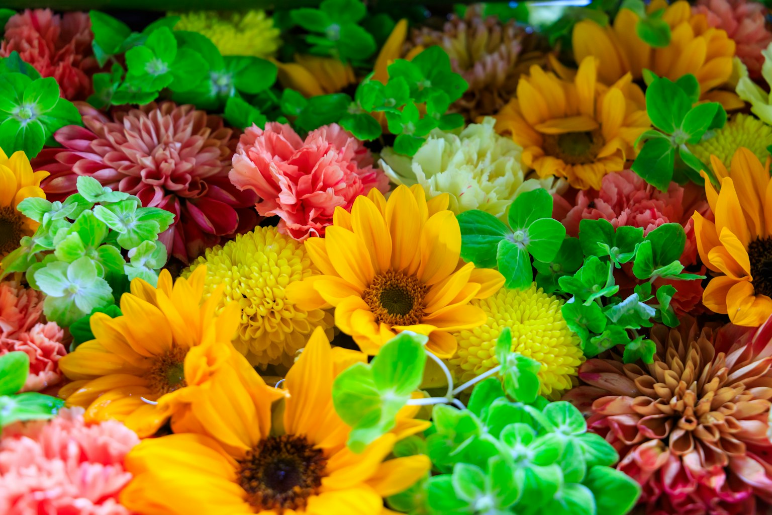 Un arrangement vibrant de diverses fleurs colorées, y compris des tournesols et du feuillage vert