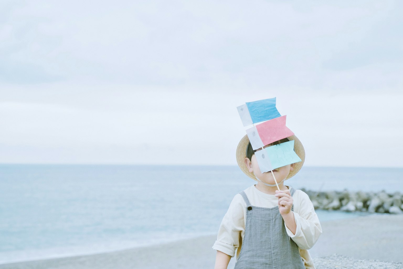 Un enfant tenant des drapeaux colorés devant une mer et un ciel bleus