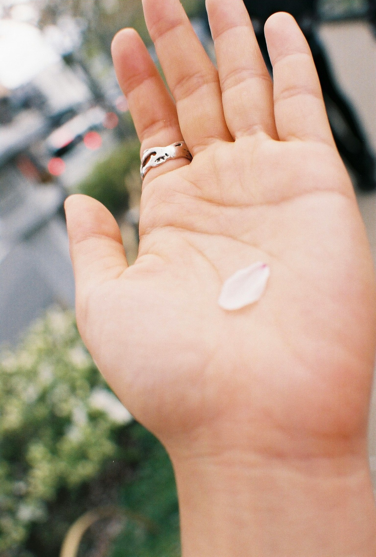 ก้อนหินเล็กใส resting บนฝ่ามือที่เปิด