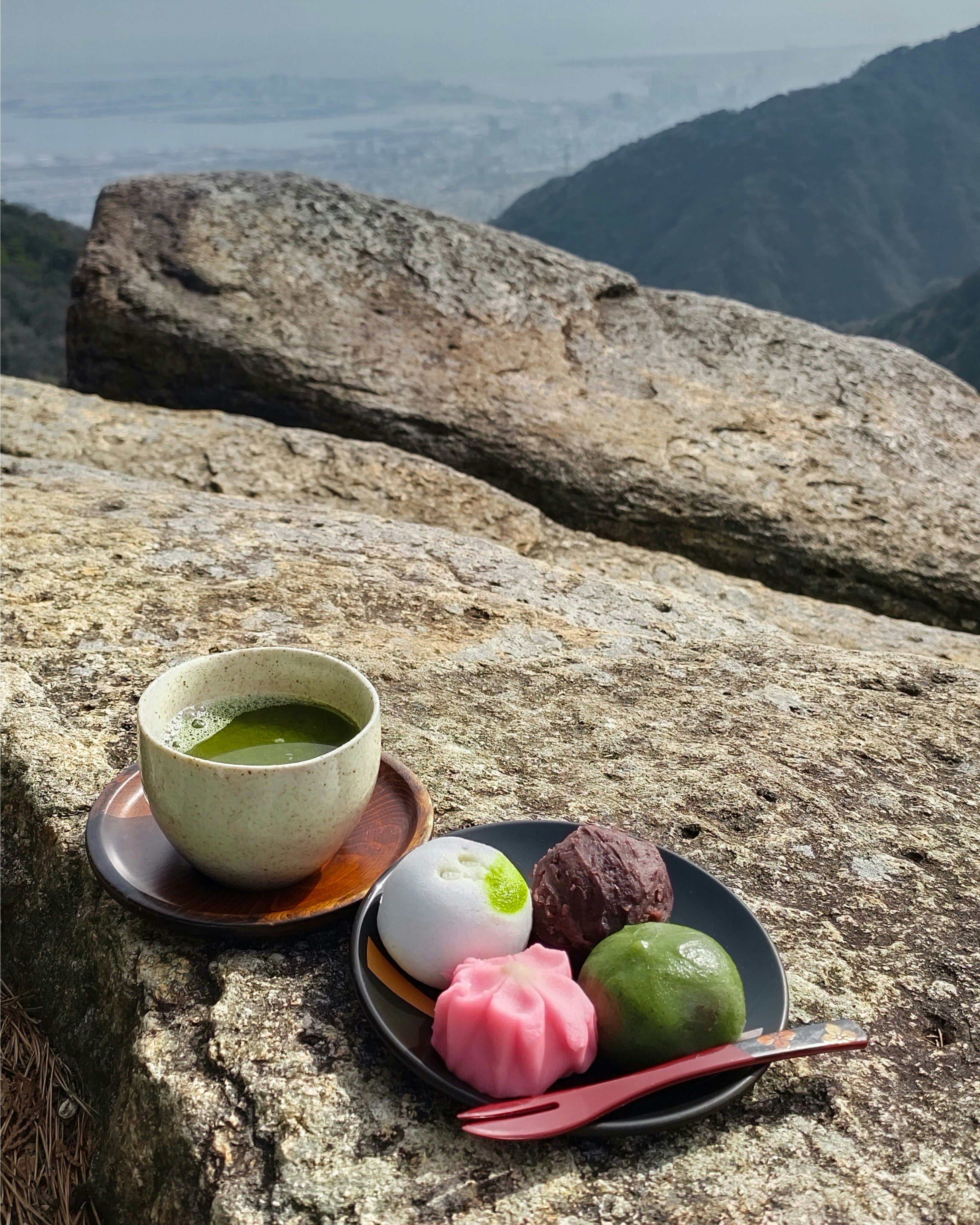 岩のテーブルでおやつタイムを楽しむ山の景色