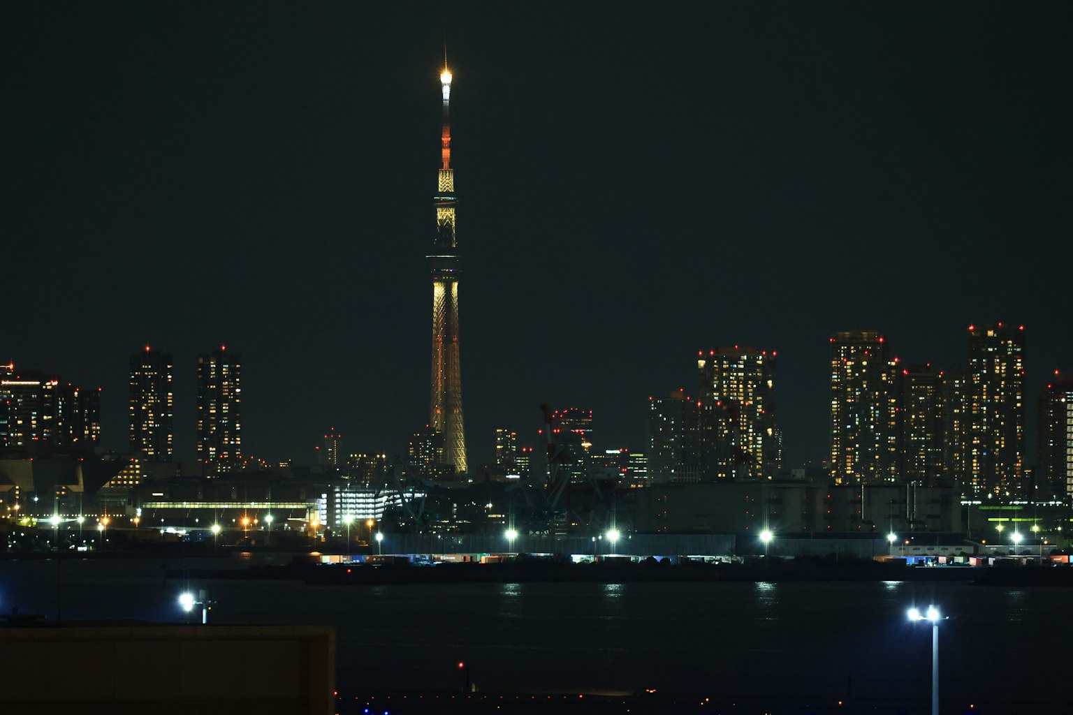 Tokyo Skytree iluminado contra un horizonte urbano oscuro