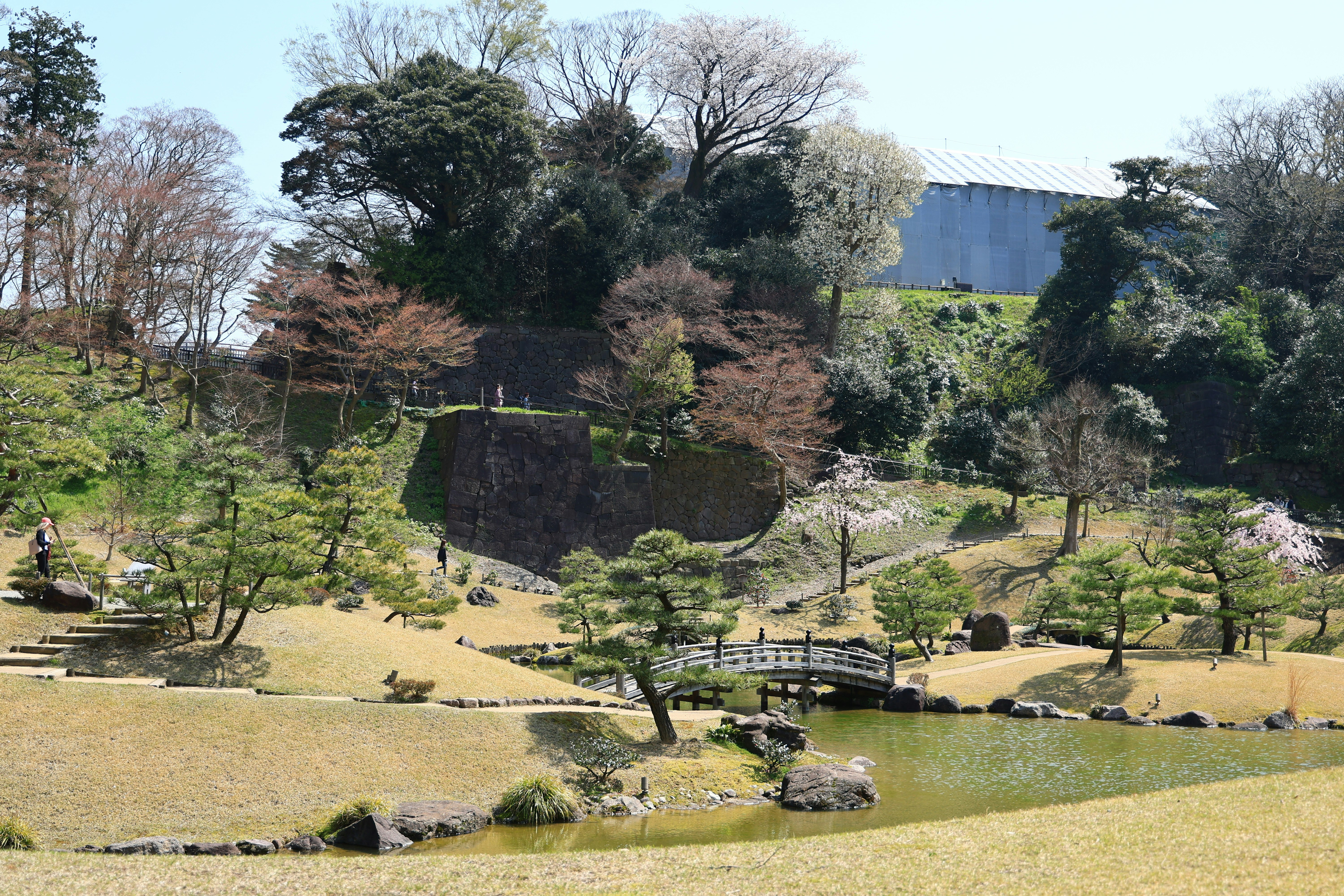 日式庭园景观，池塘与假山石景