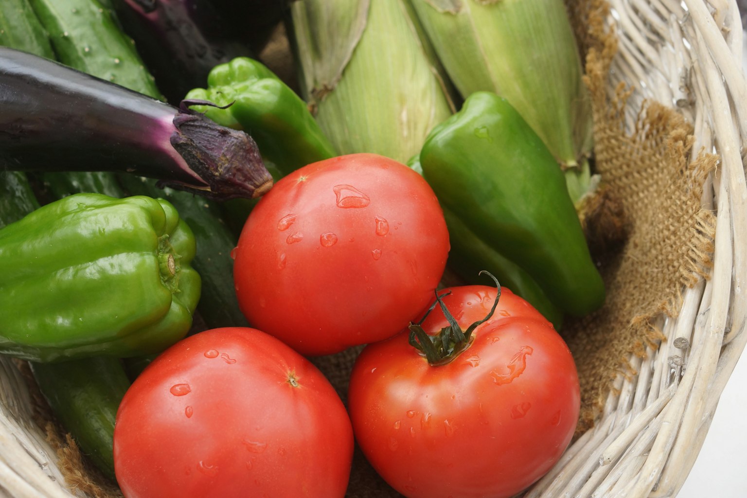 Ein Korb voller frischer Gemüse einschließlich Tomaten grüne Paprika Auberginen und Gurken