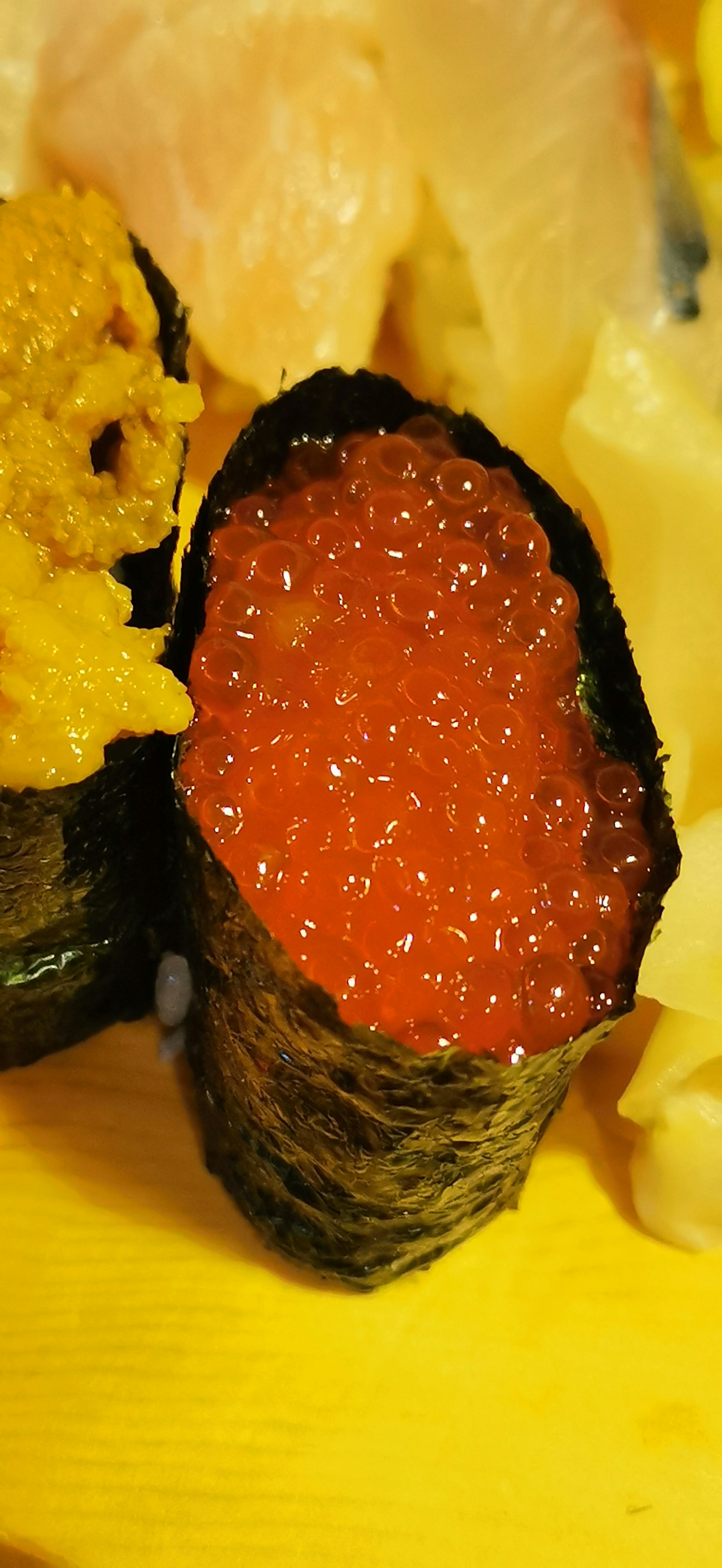ภาพโคลสอัพซูชิที่มีอิคุระสีส้มสดใสอยู่บนข้าวที่ห่อด้วยสาหร่าย