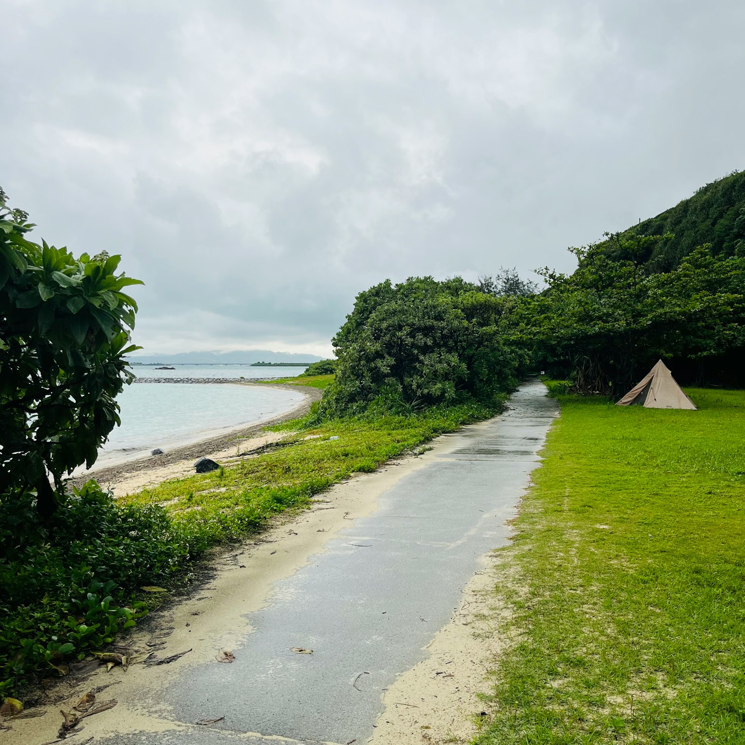 海边风景如画的小路与郁郁葱葱的绿地和帐篷