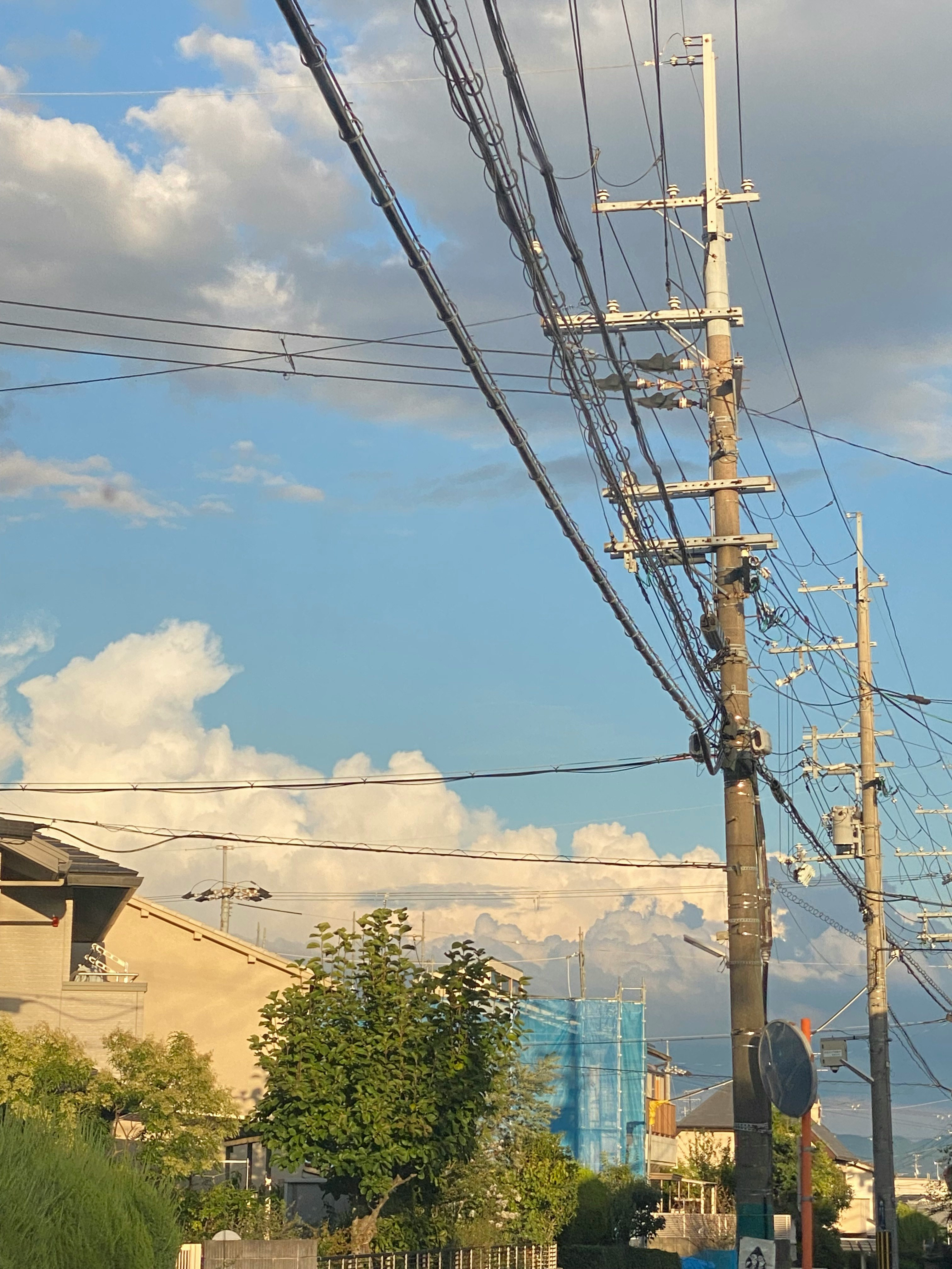 蓝天之下住宅街道的电线杆与架空电线