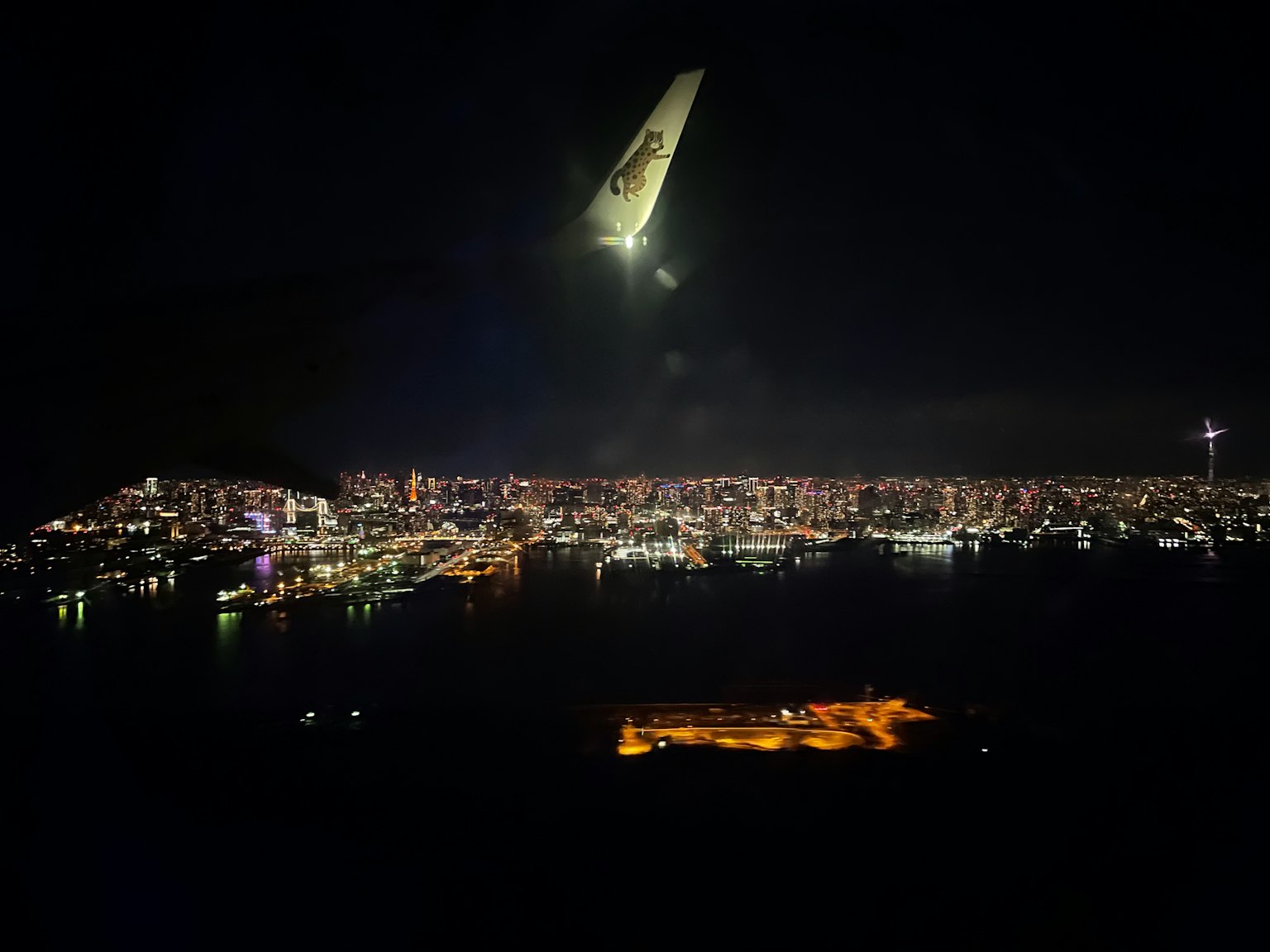 Night view of a city with airplane wing silhouette