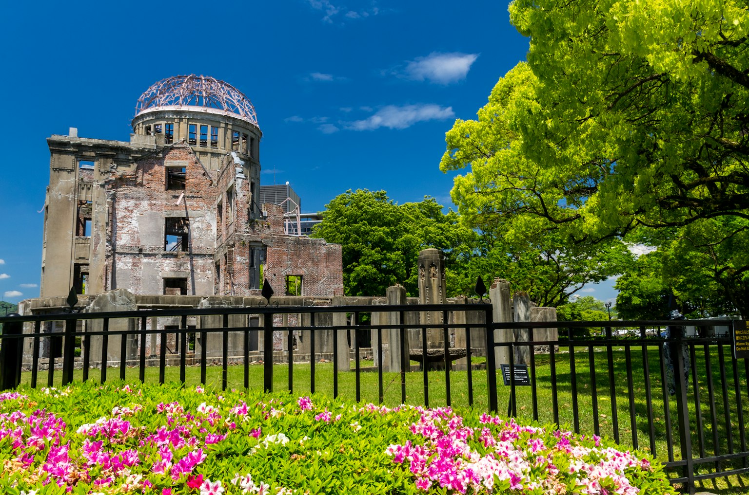 Hiroshima Peace Memorial with blooming flowers