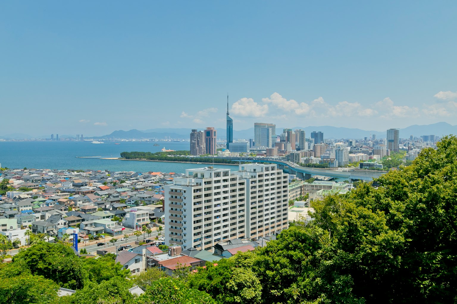 มุมมองจากเนินเขาที่มองเห็นมหาสมุทรและทิวทัศน์เมือง Tokyo Skytree โดดเด่น