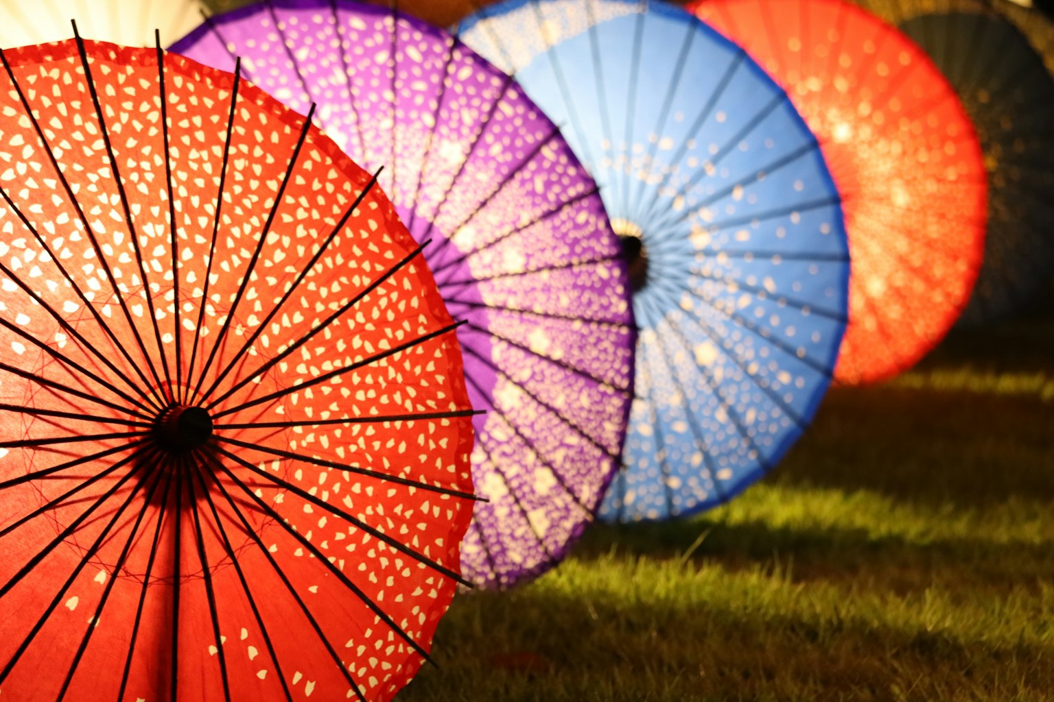 การจัดแสดงร่มแบบดั้งเดิมที่มีสีสันสวยงามเรียงราย