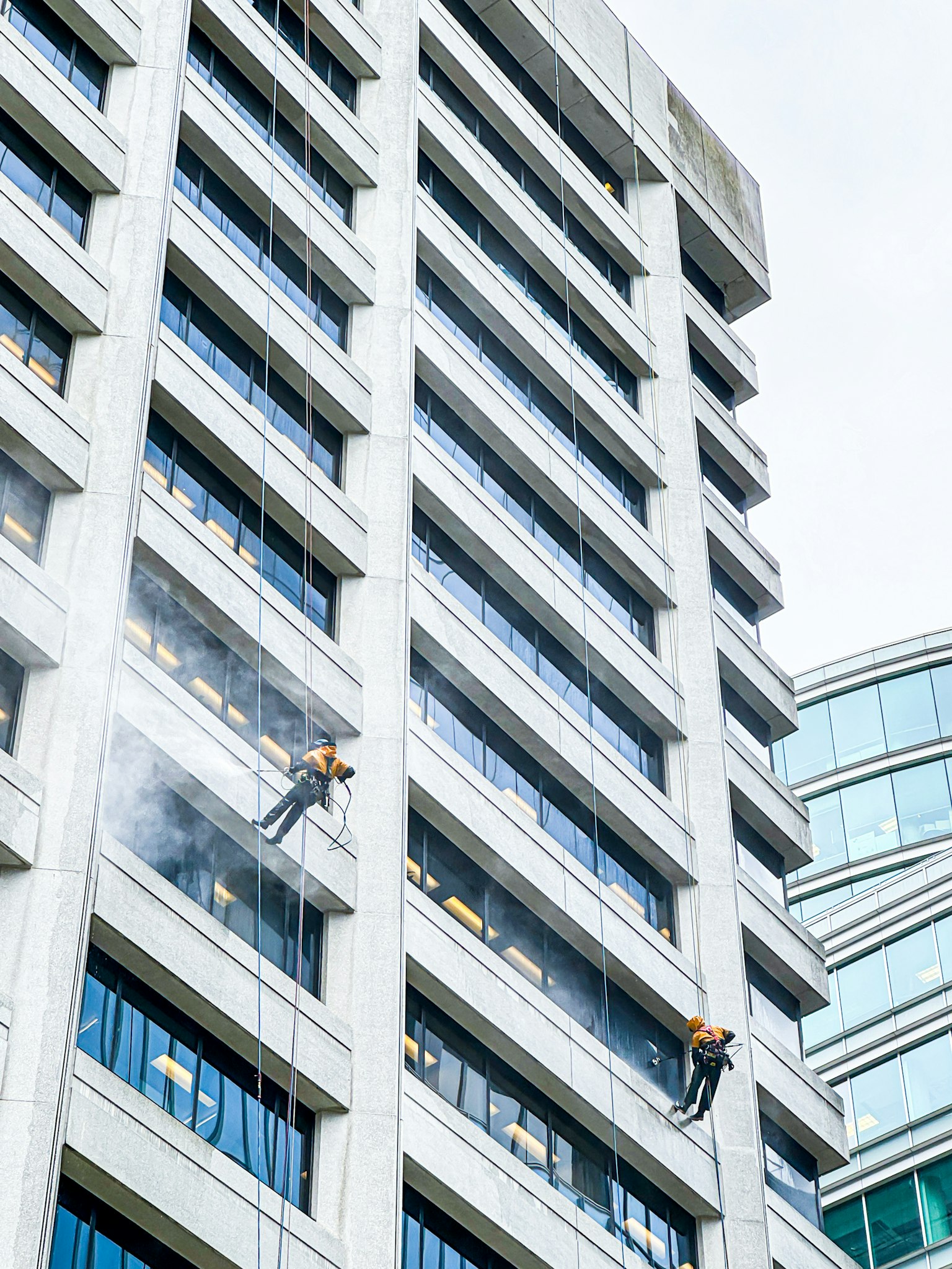 Workers cleaning windows on a high-rise building using ropes