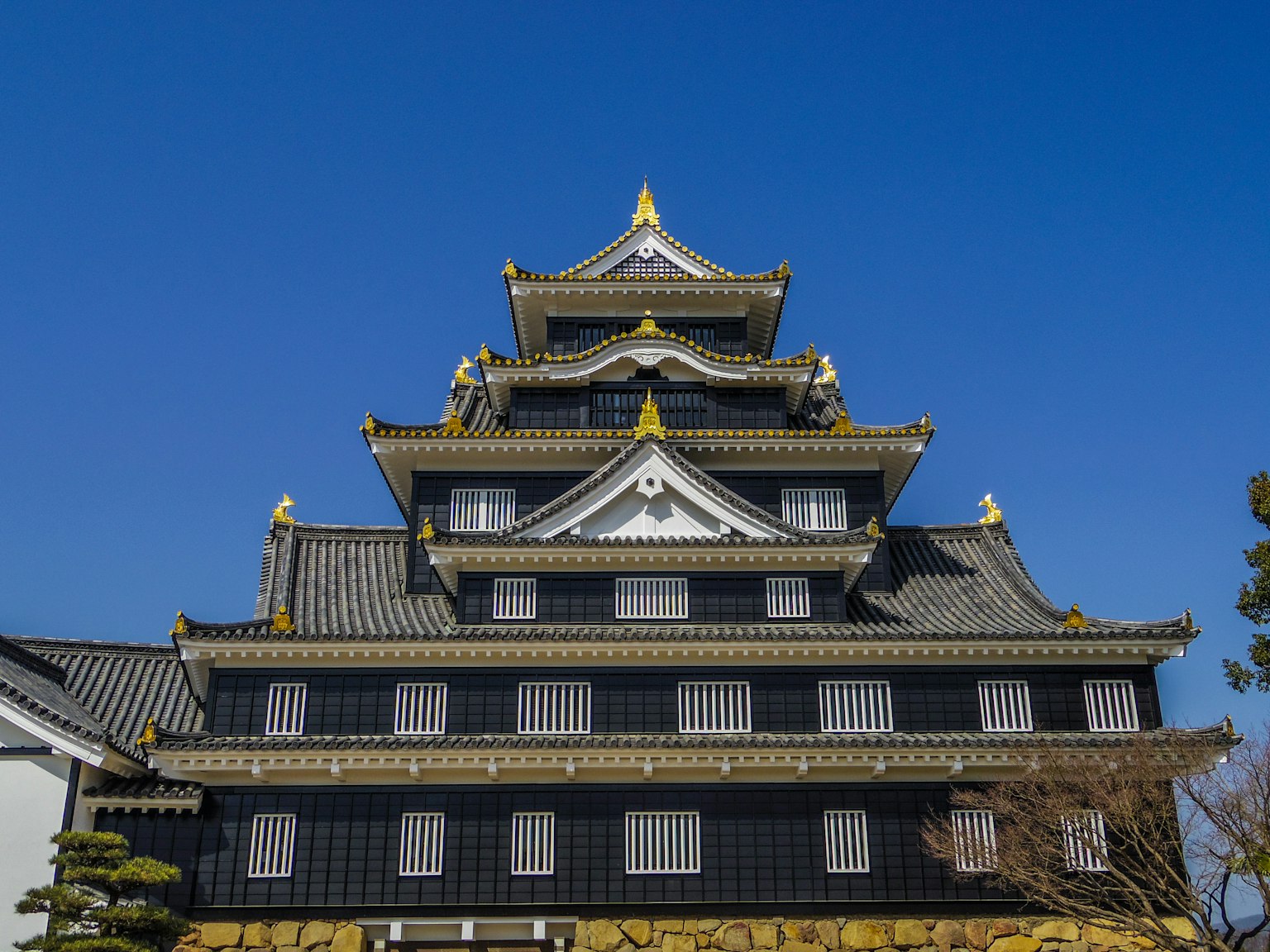 Vista frontal de un castillo japonés con techos negros y dorados