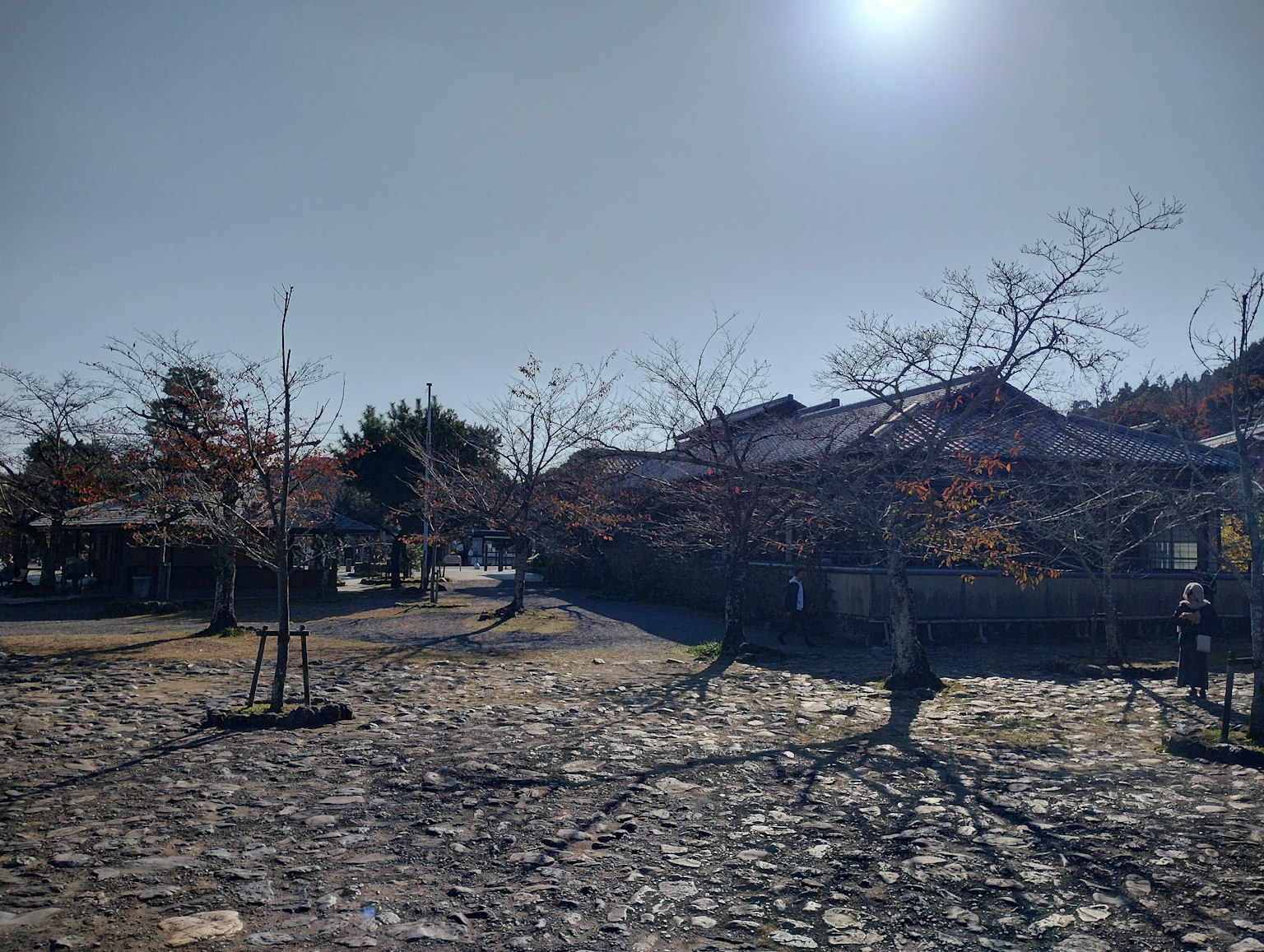Scena di villaggio tranquillo con ombre di alberi sotto il sole del pomeriggio