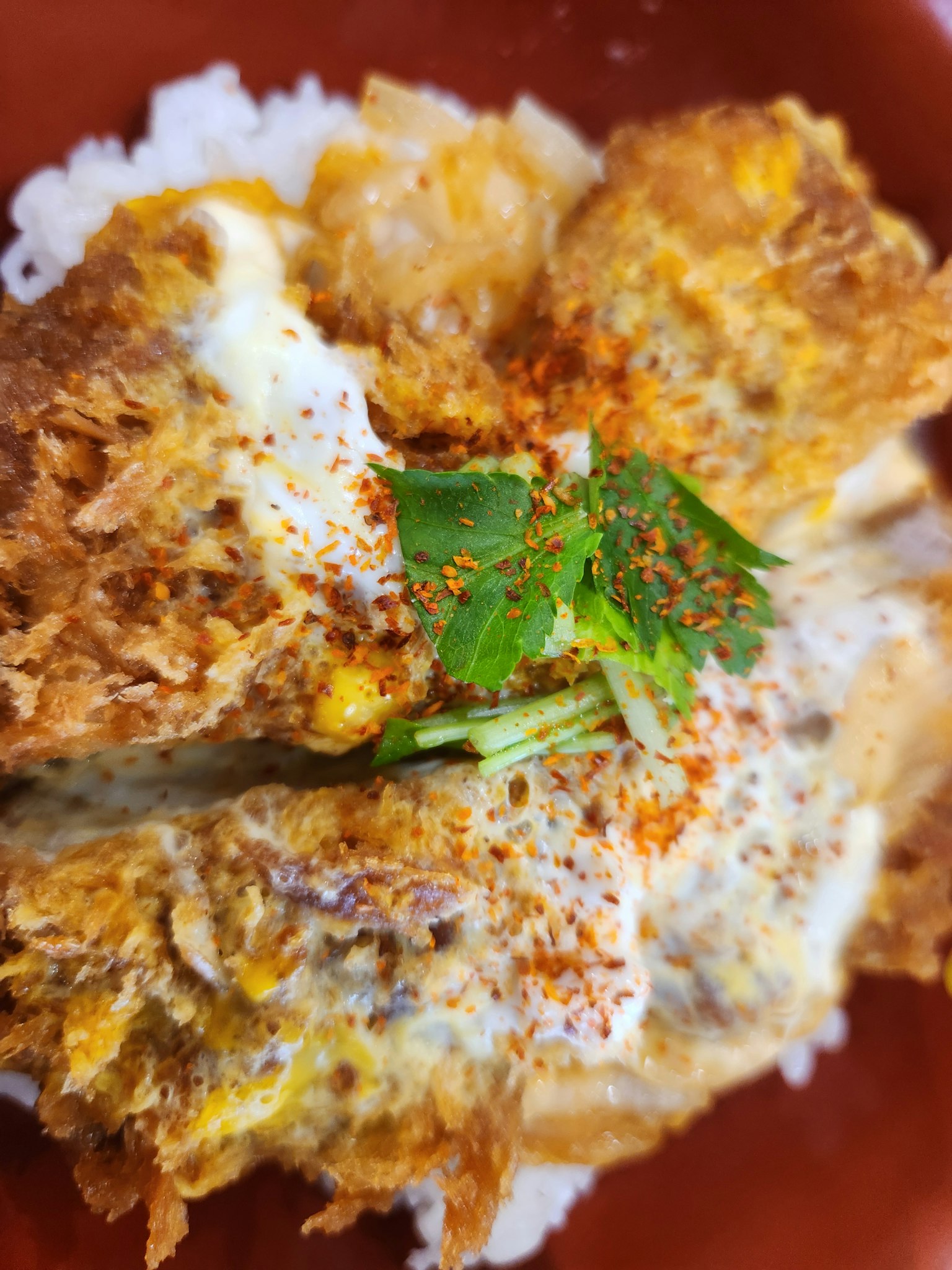 Katsudon servi sur du riz garni d'herbes