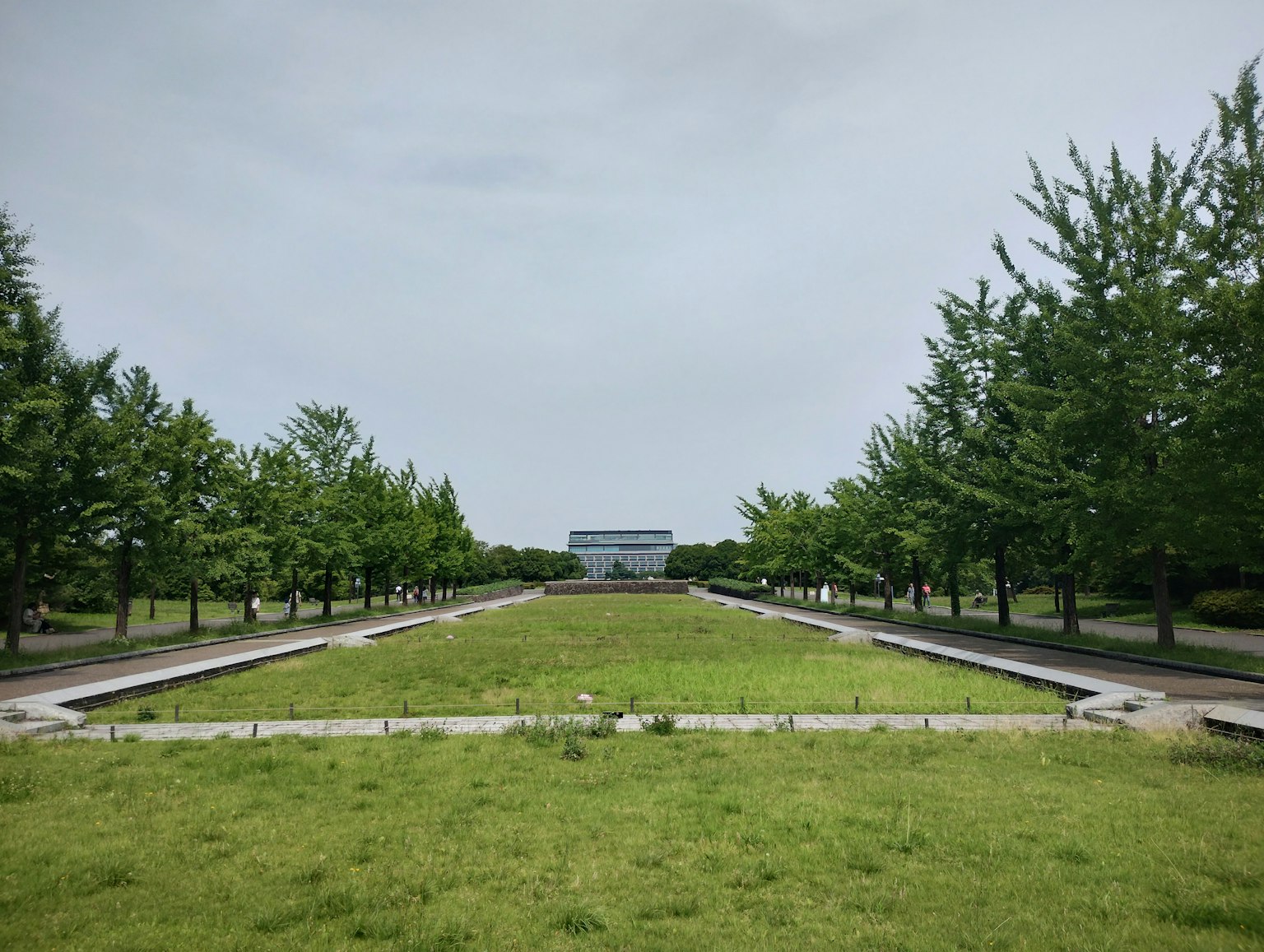 Paesaggio del parco con alberi verdi e un ampio prato con un edificio in lontananza