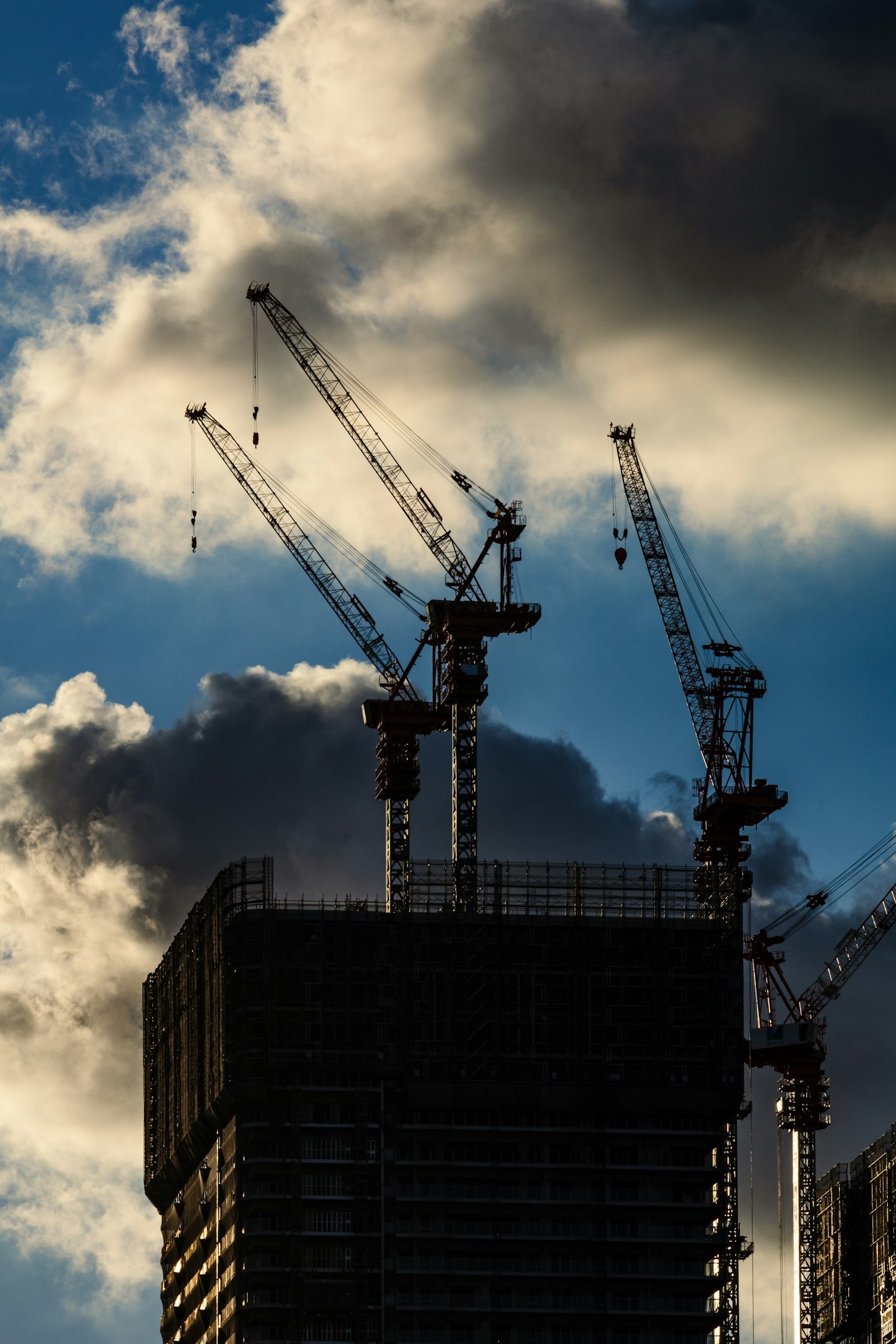 Silhouette of a high-rise building under construction with cranes