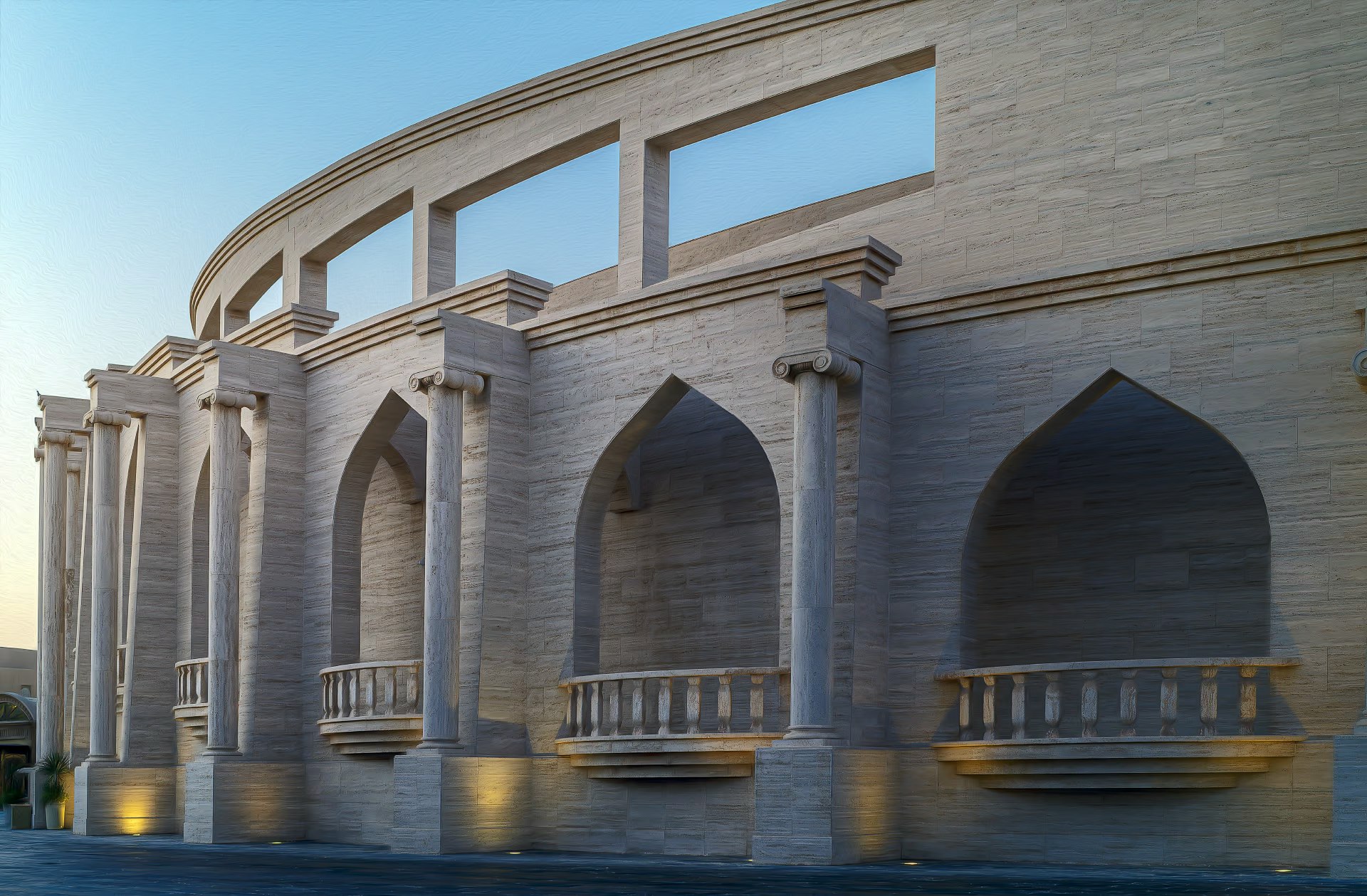 façade en pierre avec de grandes arches et des colonnes