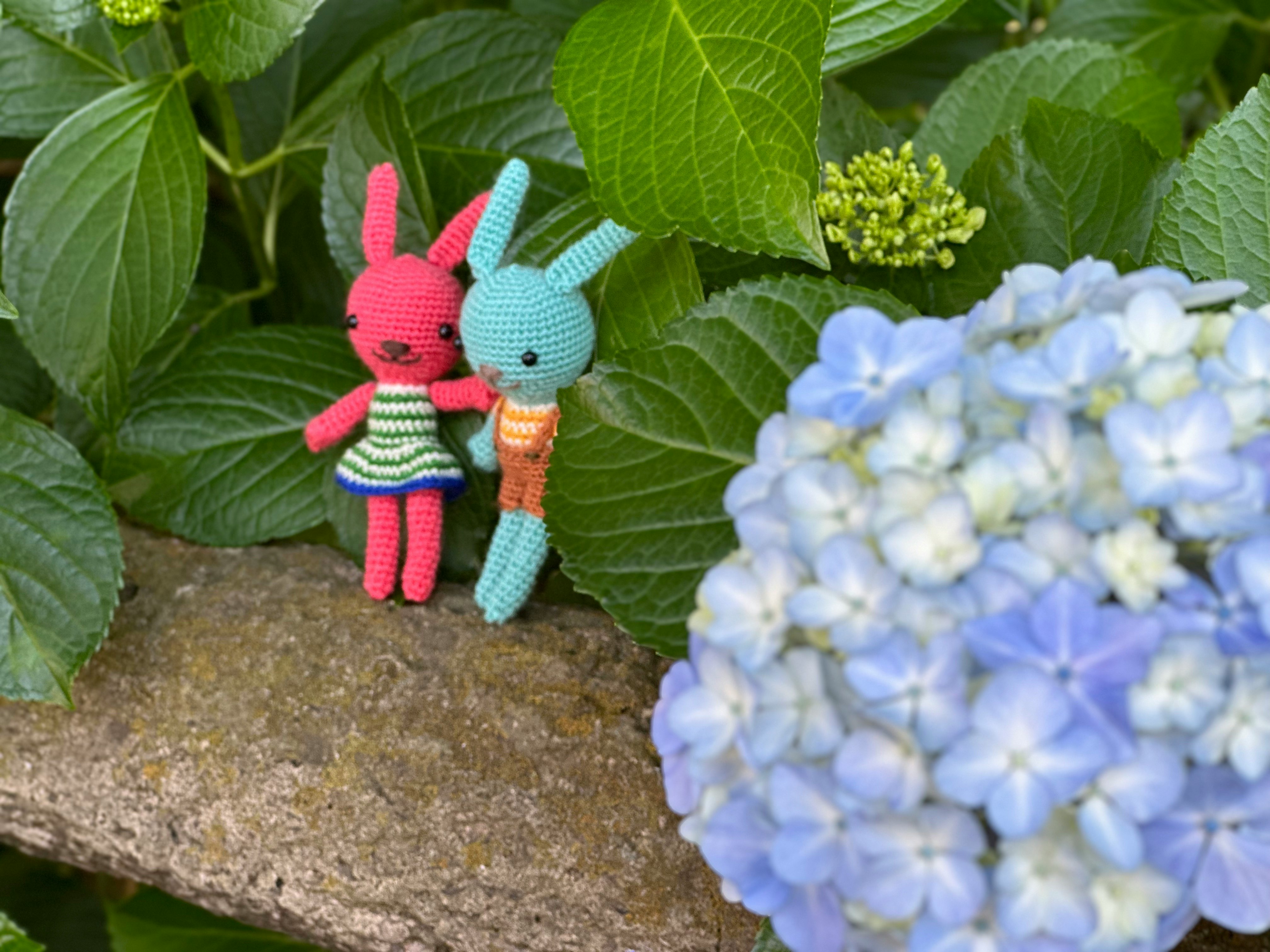 あじさいの花とあみぐるみのうさぎぬいぐるみが並ぶ