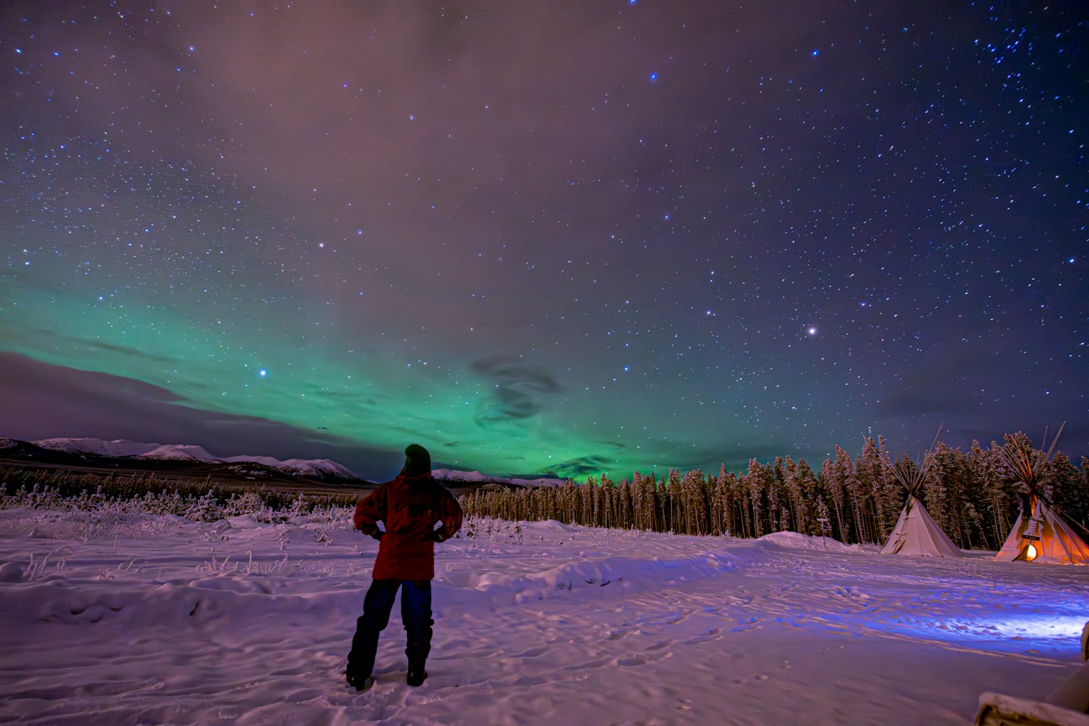 Personne regardant les aurores boréales dans un paysage enneigé