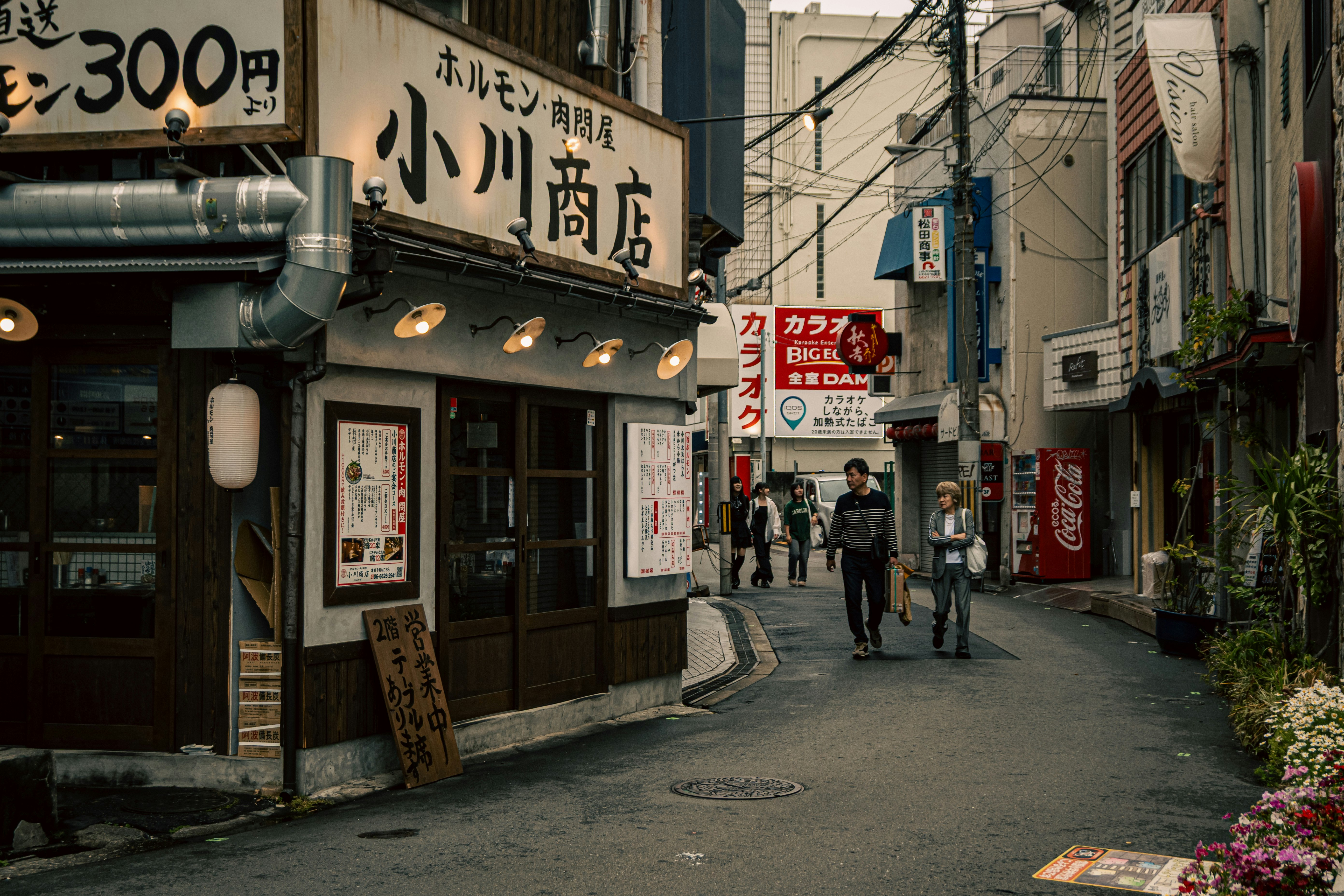 callejón comercial con letreros y locales de comida