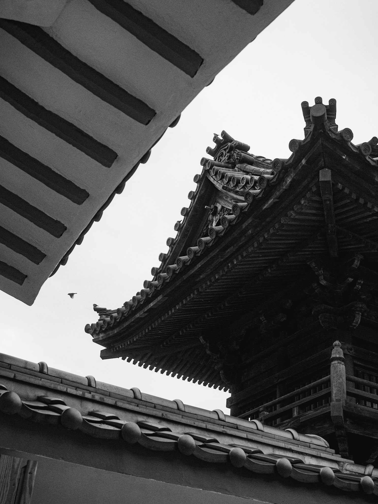 伝統的な日本の寺院の屋根と塔の一部が見えるモノクロ写真