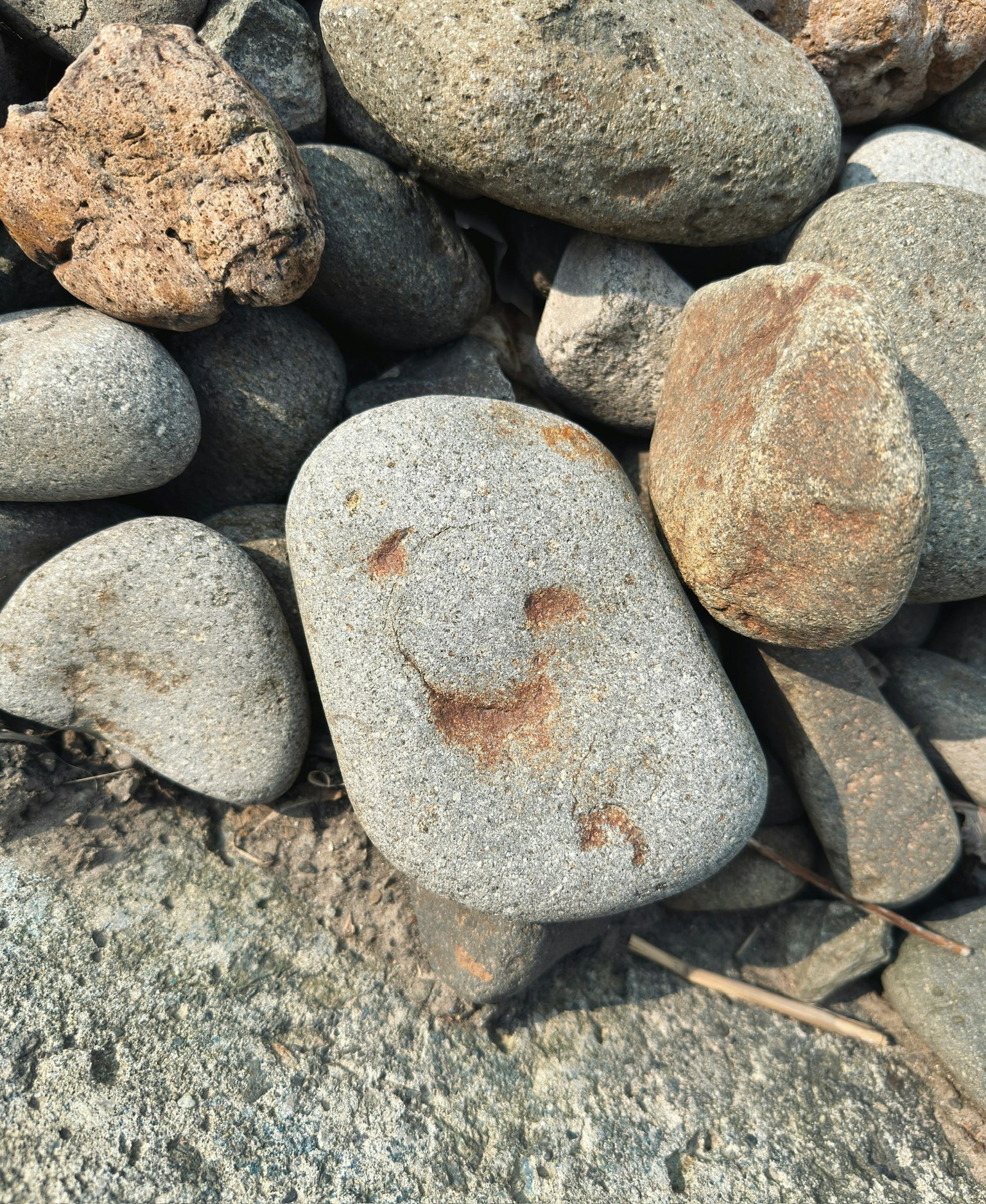 Une pierre avec un motif de visage souriant parmi d'autres pierres