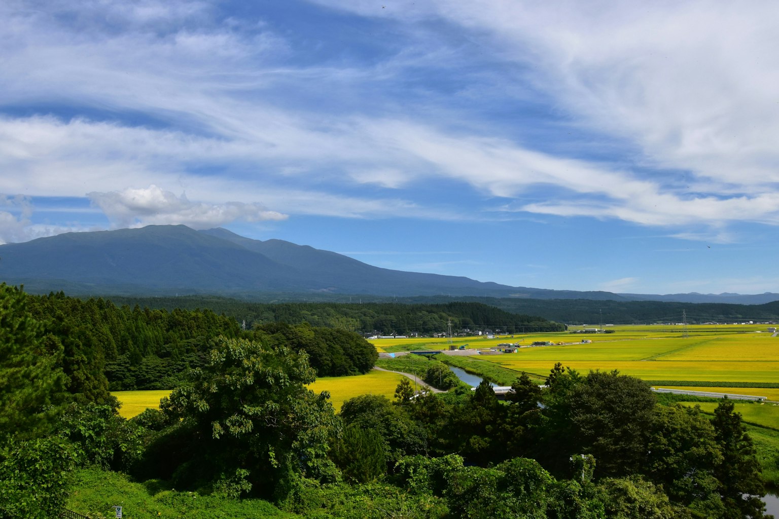 藍天白雲下的山景和郁郁蔥蔥的綠色田野