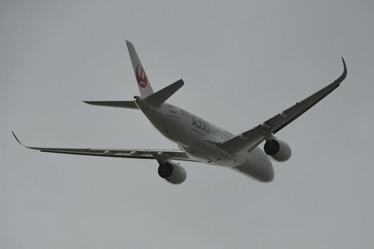 Airplane flying through overcast sky