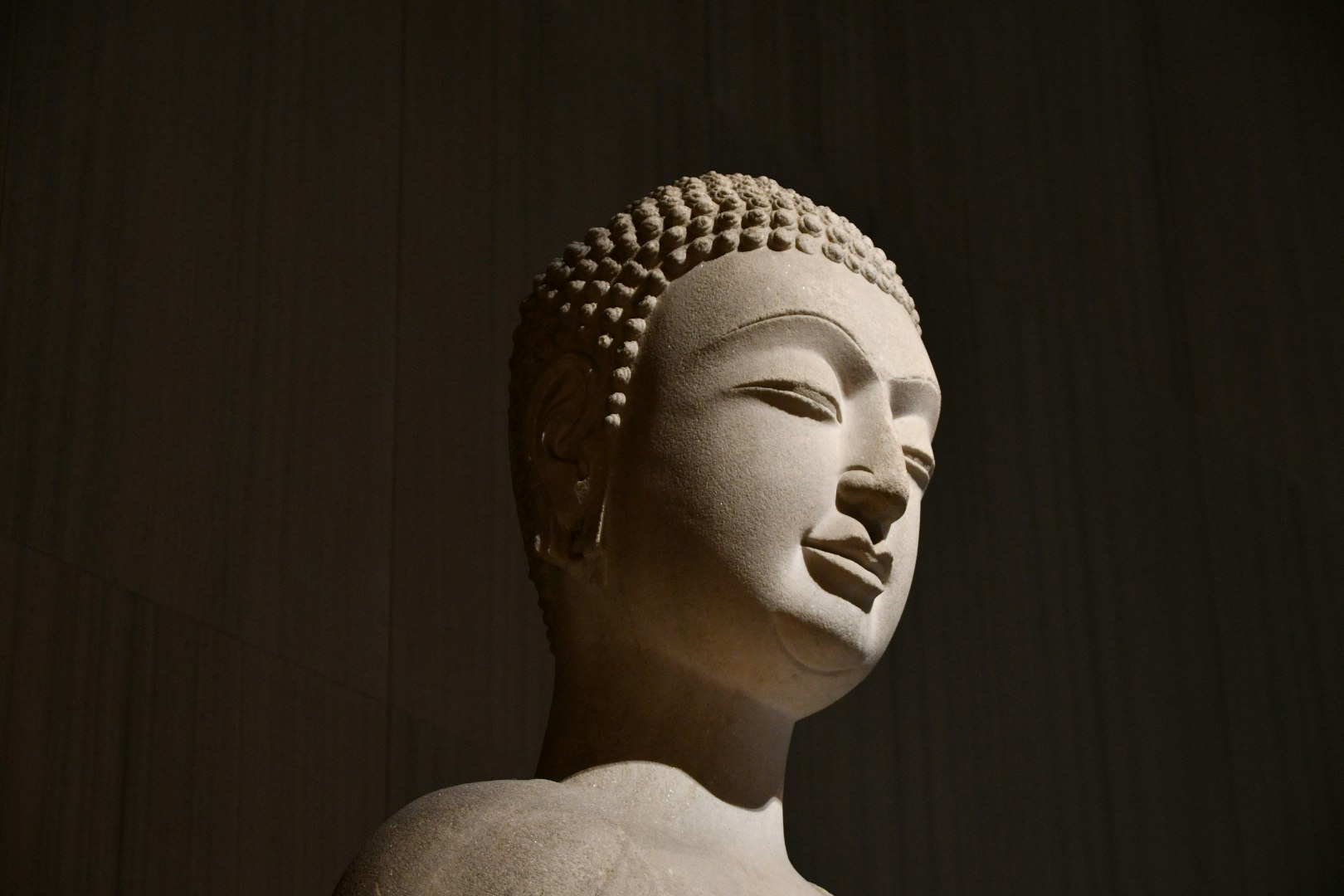 profil patung Buddha tersenyum dengan latar belakang kayu
