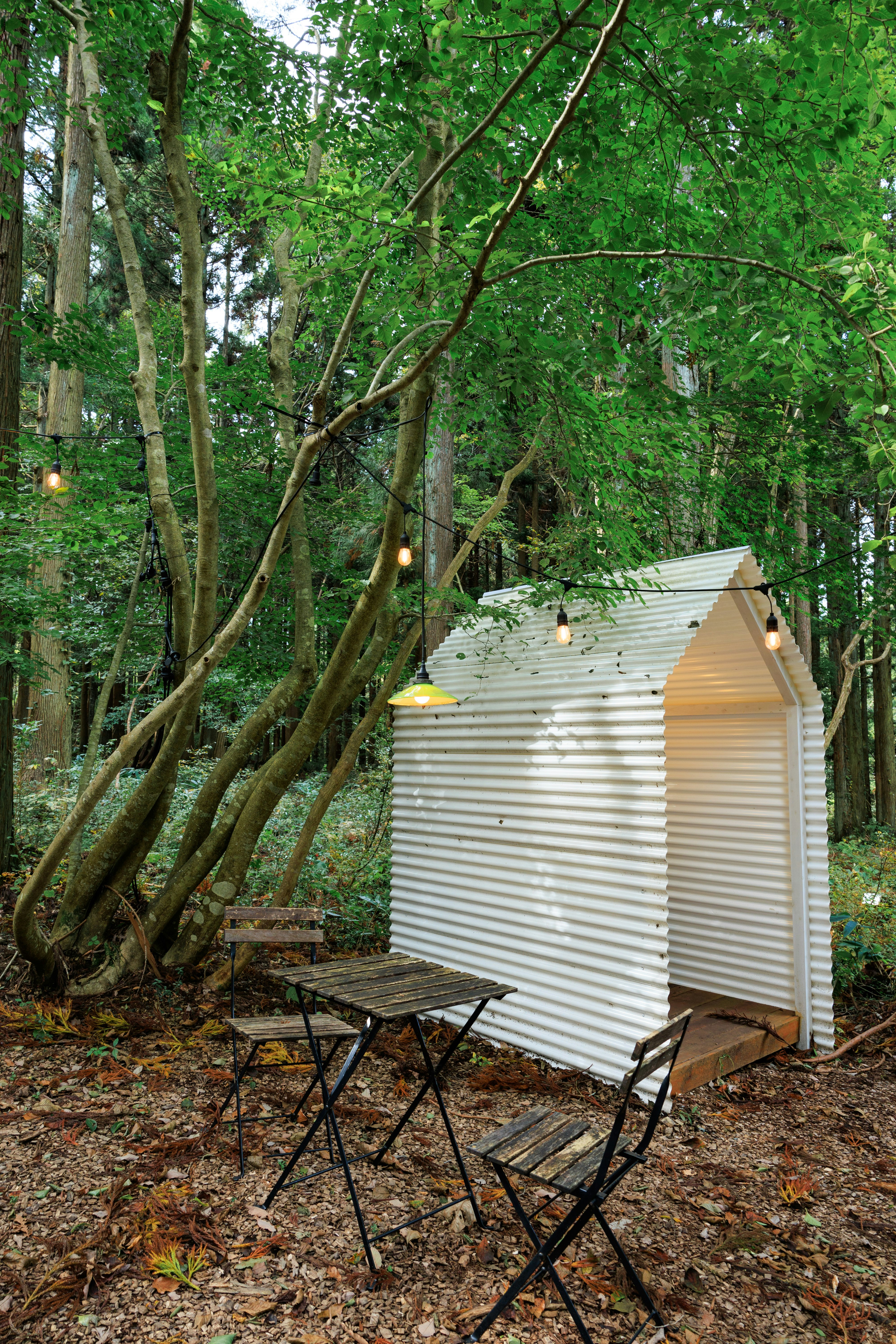 森の中の白い小屋と椅子
