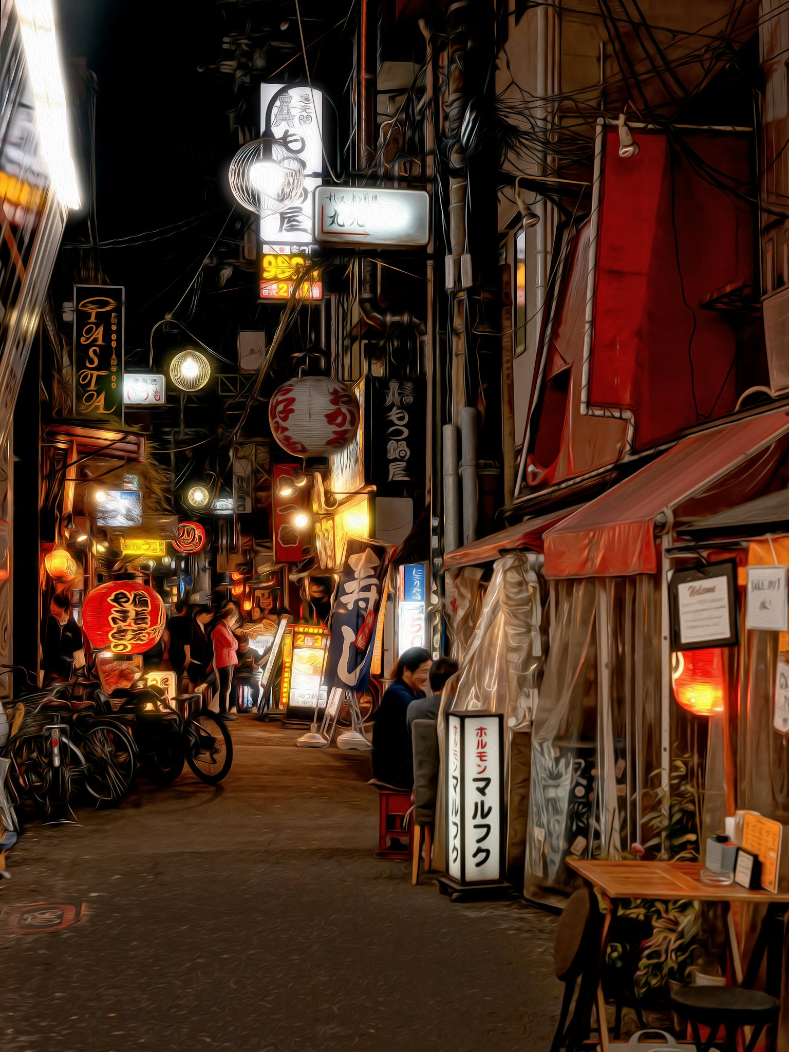Ruelle japonaise animée la nuit avec des restaurants et des enseignes