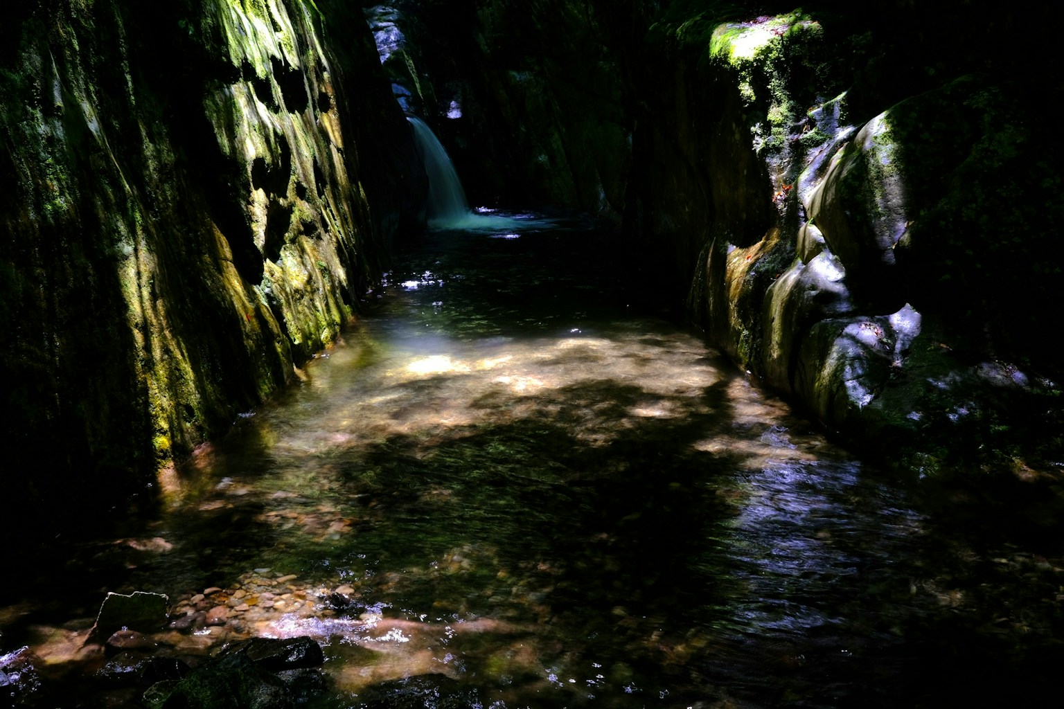 Dark canyon scene featuring flowing water and rocky textures