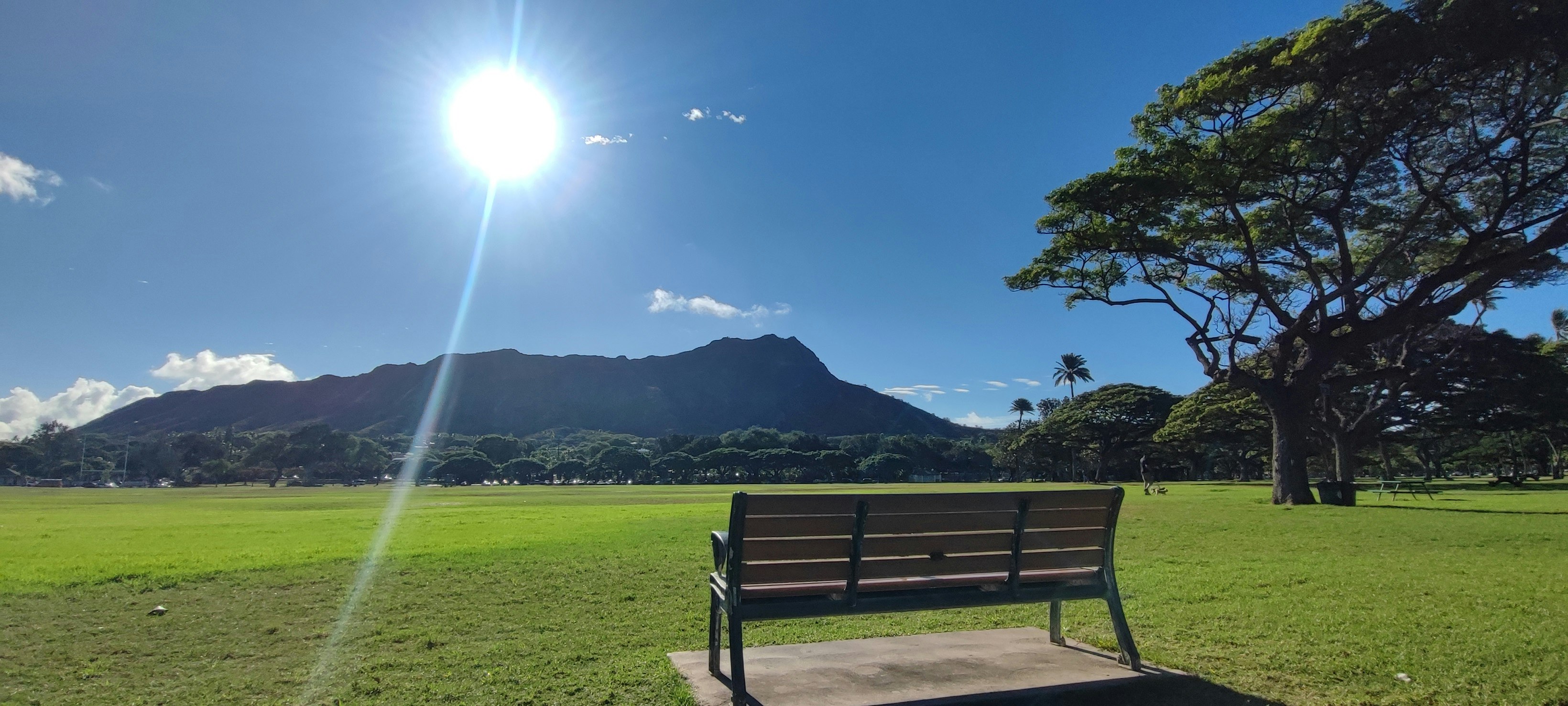 芝生の公園とベンチ、遠くの山並みと青空