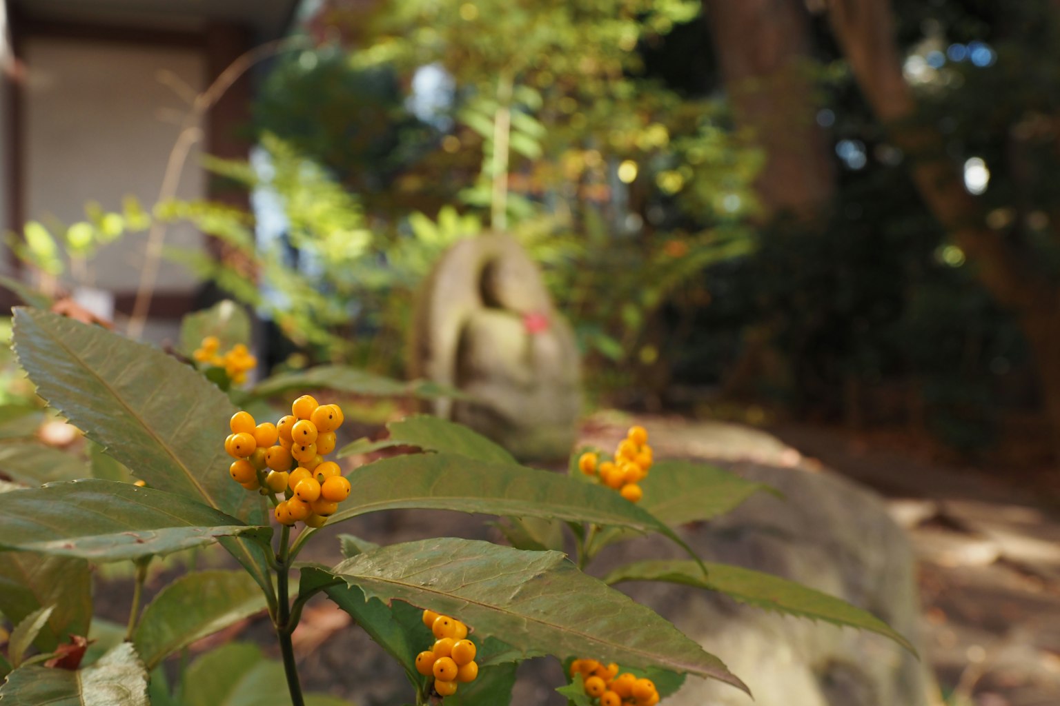 Naturszene mit gelben Blumen im Vordergrund und einer Steinstatue im Hintergrund