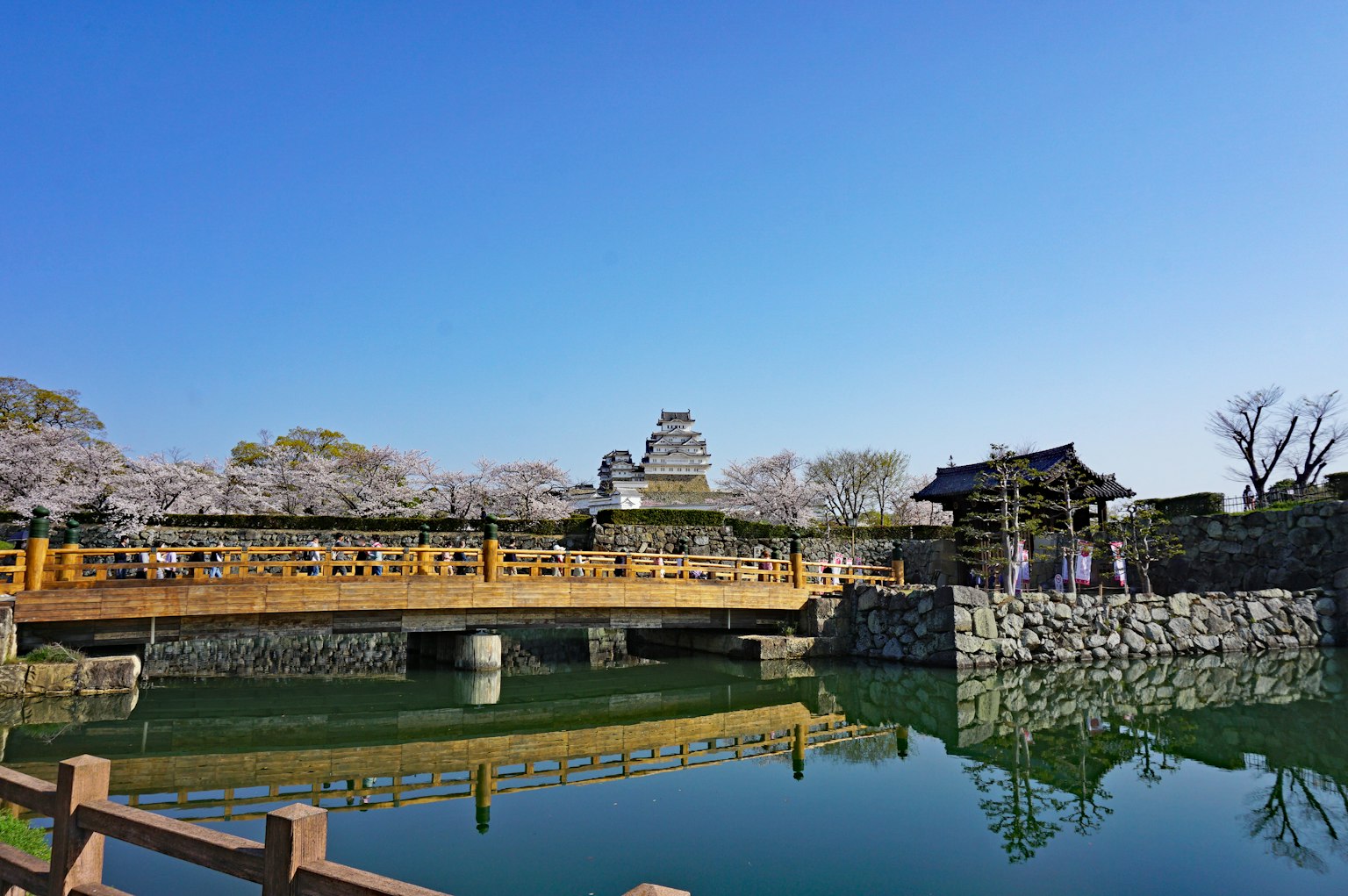 Scenic view of a bridge and castle under a clear blue sky