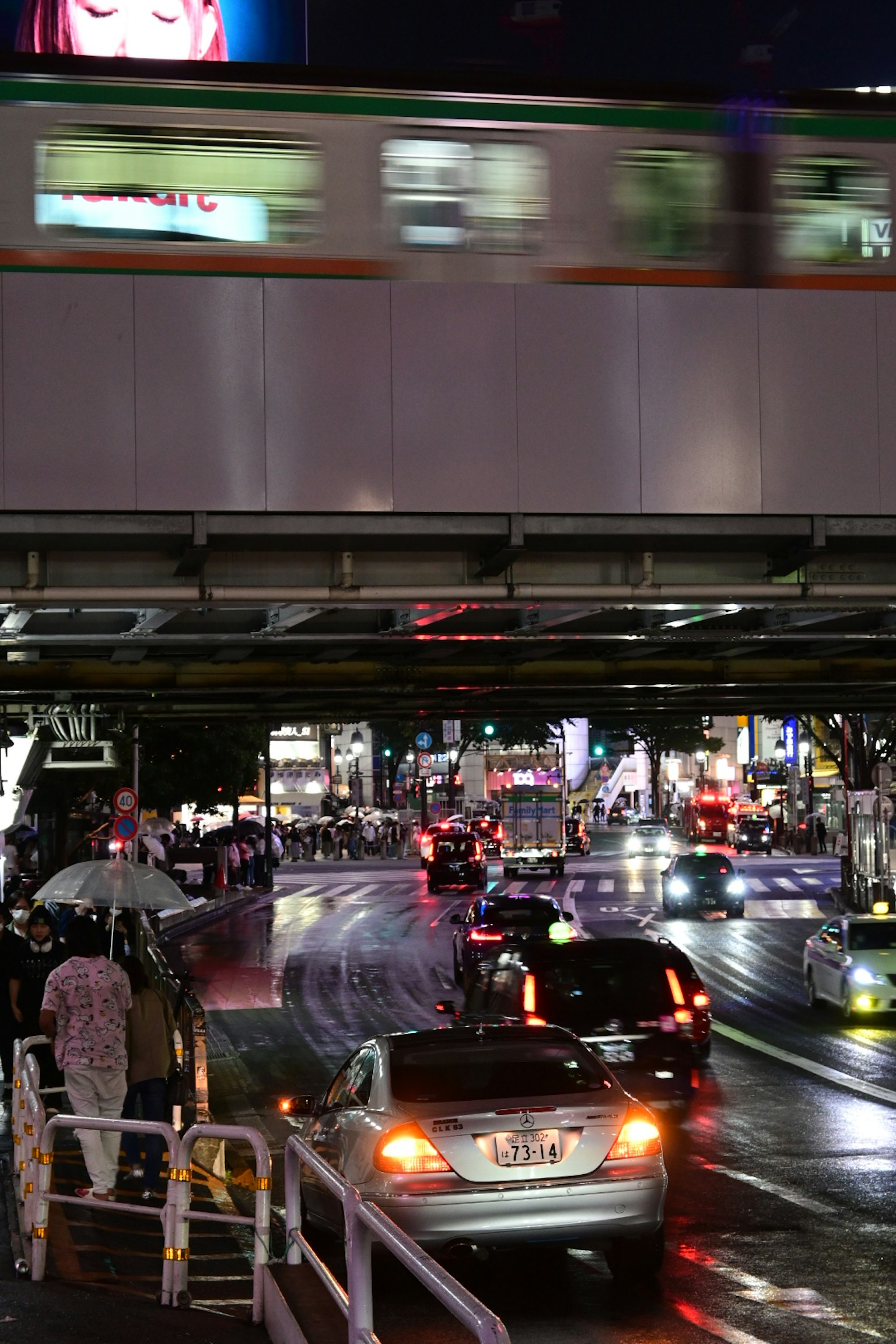 ฉากกลางคืนที่มีรถไฟยกระดับวิ่งผ่านถนนที่พลุกพล่านรถยนต์และคนเดินเท้าสัญจร
