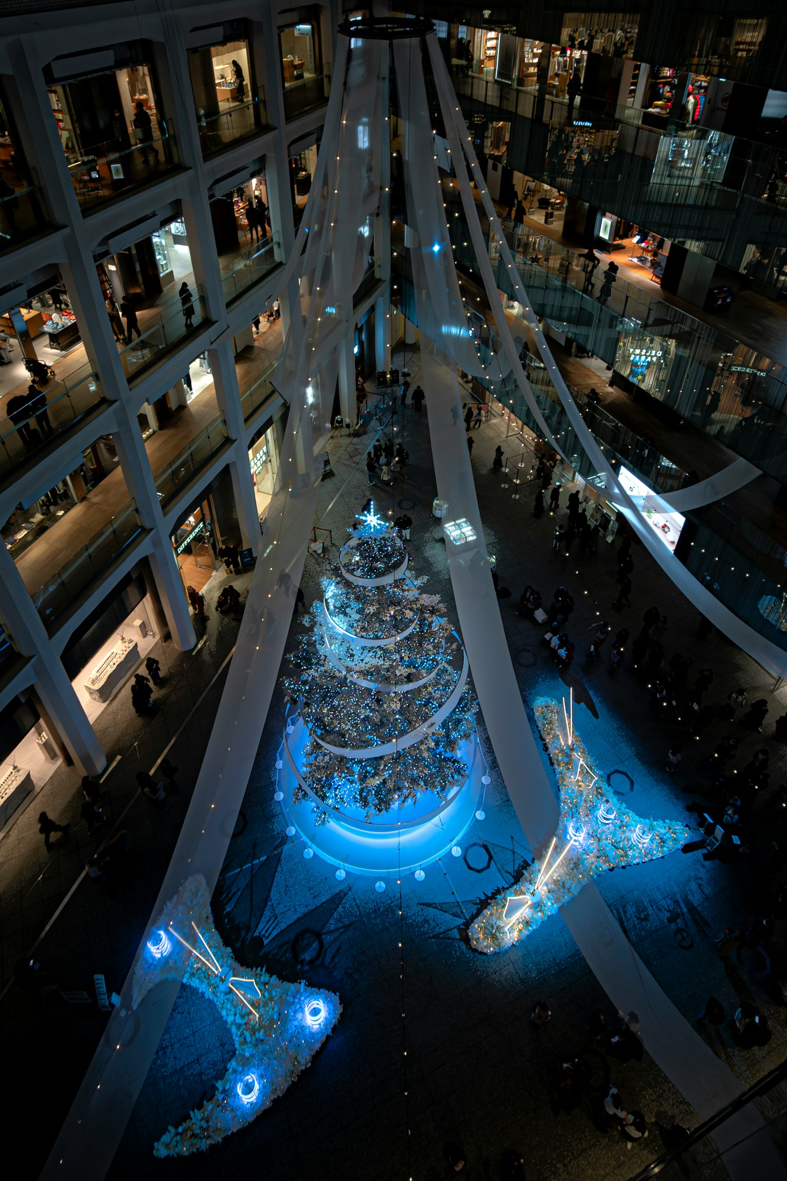Intérieur d'un musée d'art avec un arbre de Noël illuminé en bleu et de grandes sculptures de baleines
