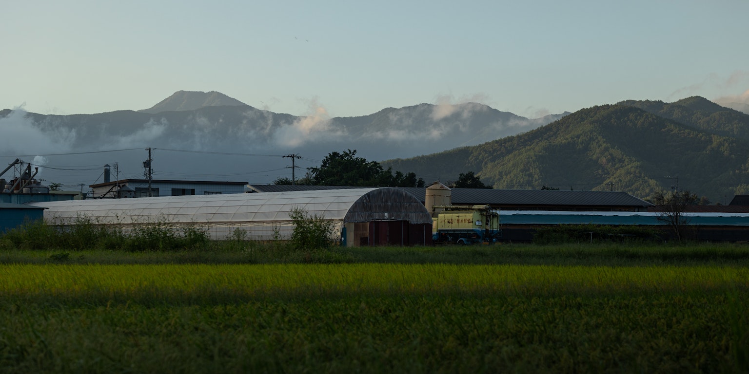 稻田和溫室的風景，背景是山脈