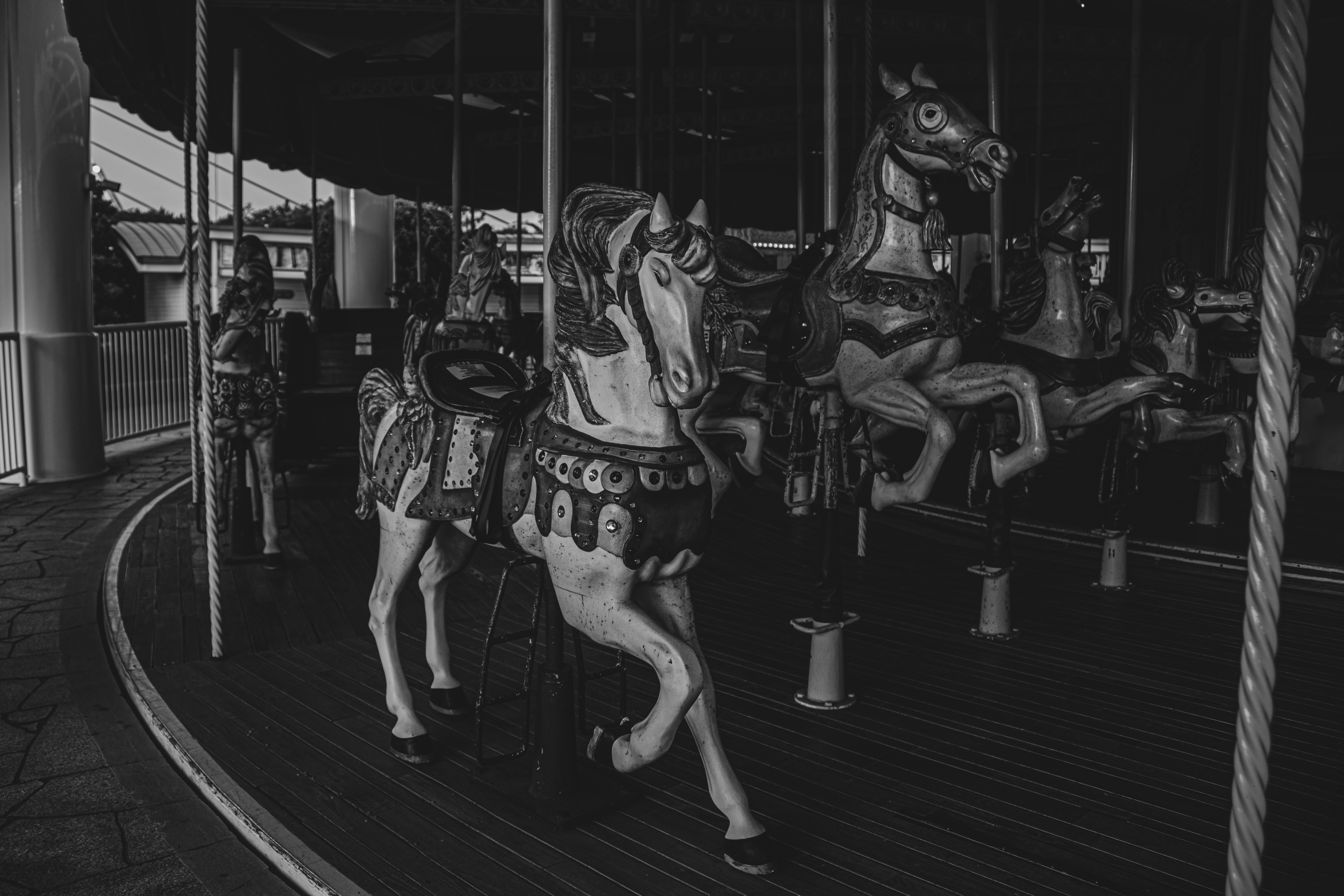 傍晚時分關閉的遊樂園裡排成一列的旋轉木馬馬