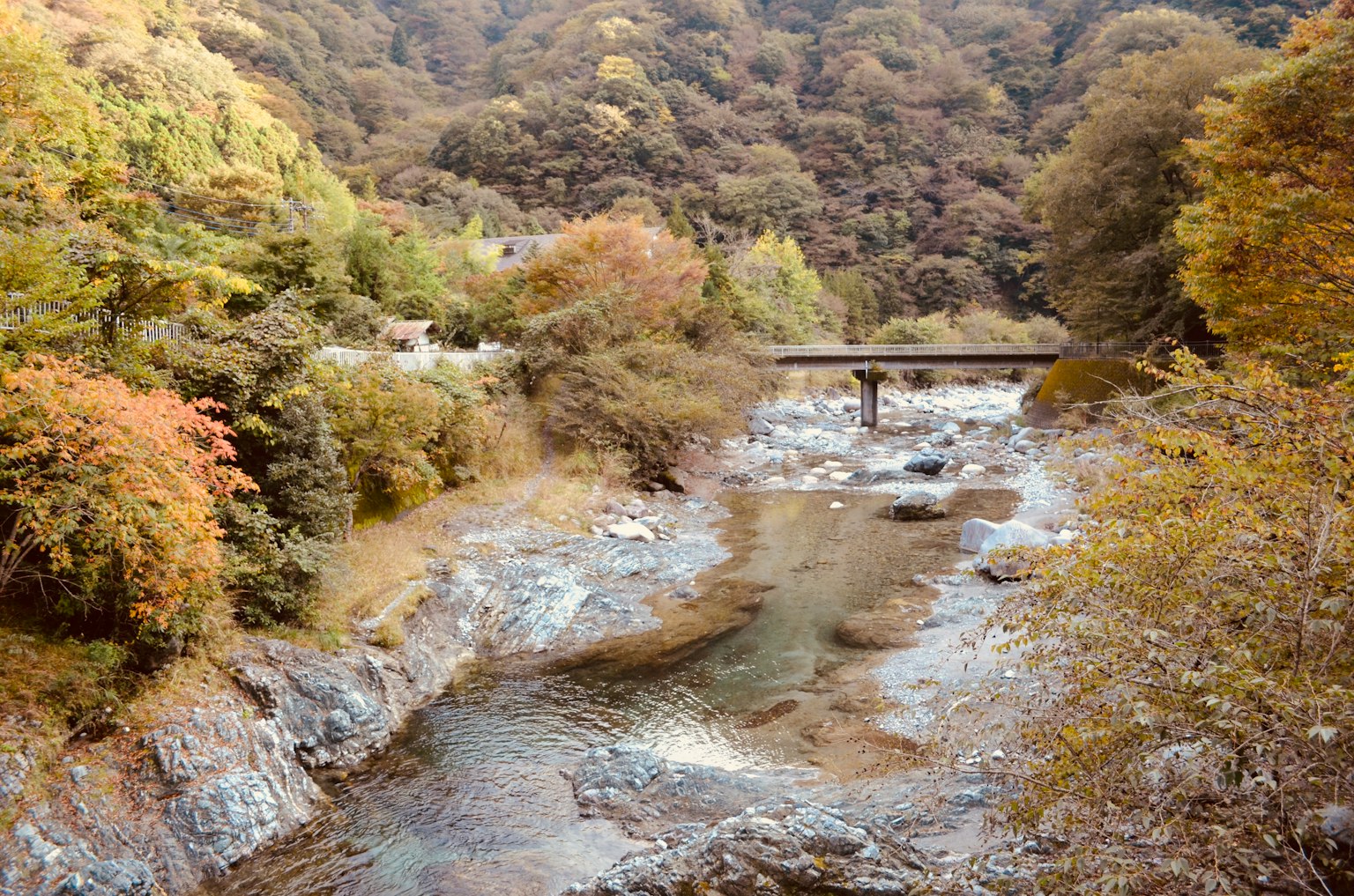 Hermoso paisaje otoñal con un río y montañas
