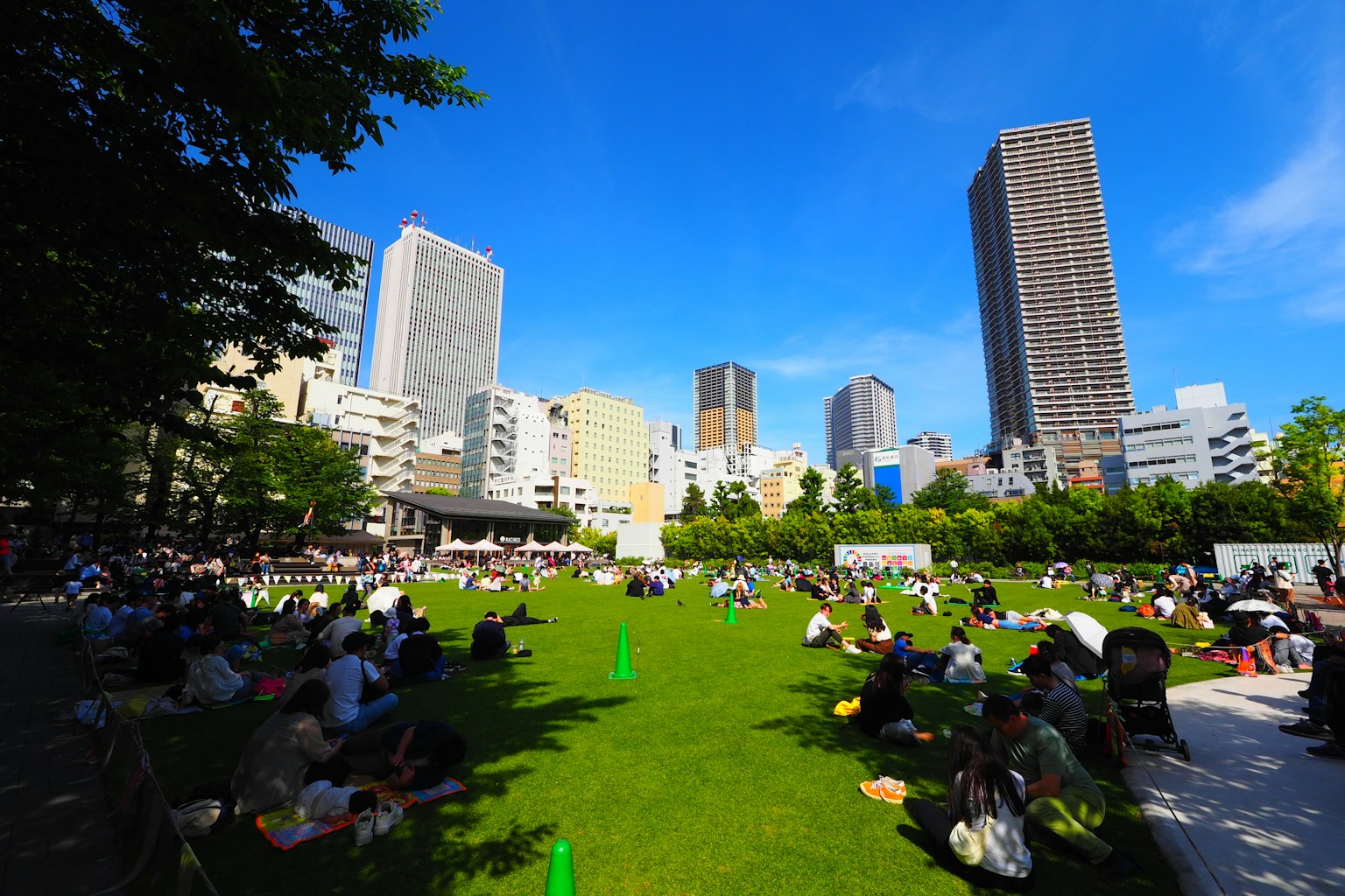 公园场景，蓝天下人们坐在草地上