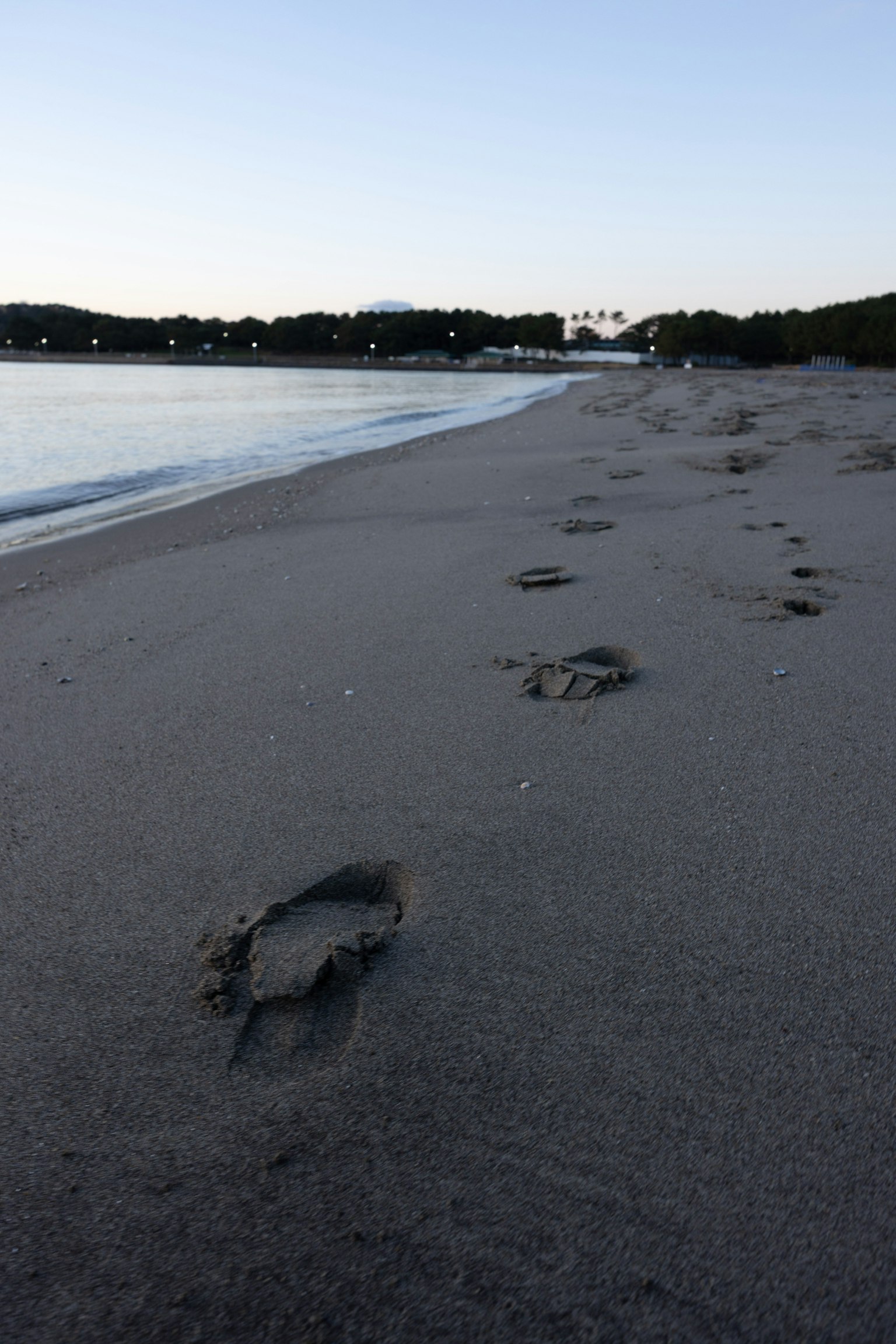 Impronte sulla spiaggia sabbiosa con vista sul mare calmo
